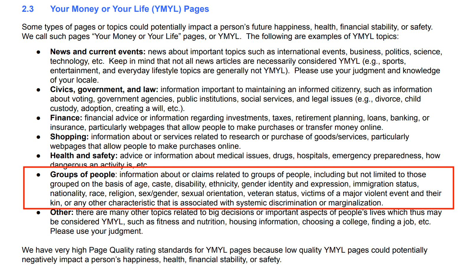 Expansion of Groups of People in the YMYL Section