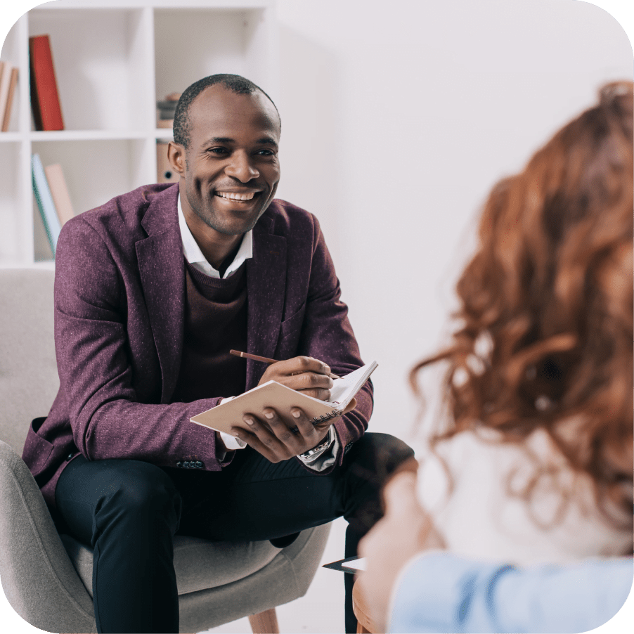 psychiatrist talking with a patient. Behavioral health marketing.