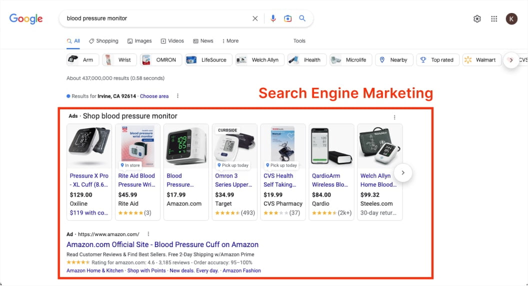 an example of SEM. Searching for blood pressure monitors. Learn about platforms and channels