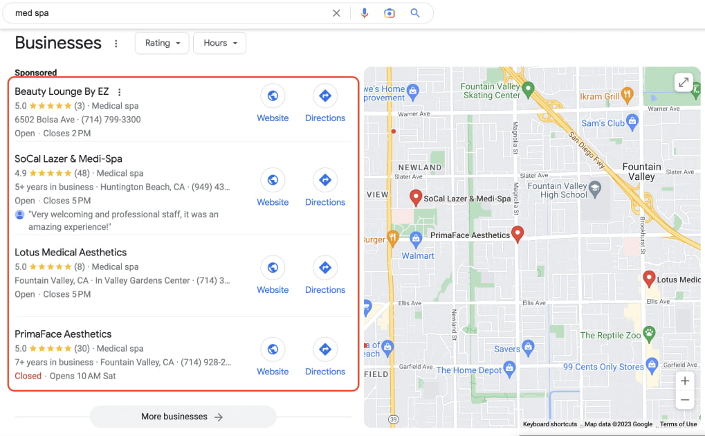 GMB profiles on a map showcasing medspa marketing