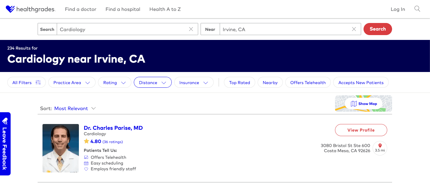 Viewing Cardiology results on healthgrade to show healthcare reputation management