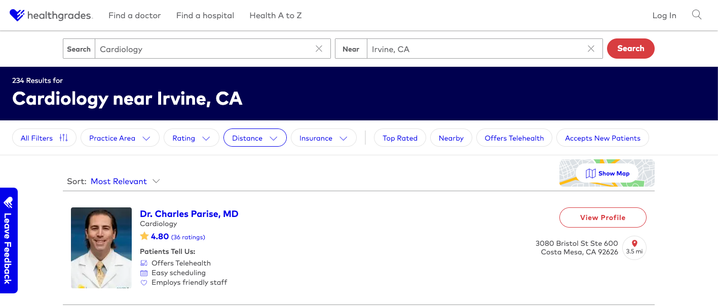 Viewing Cardiology reviews on healthgrade to show heathcare seo directories