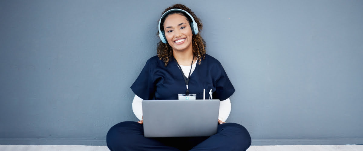 female nurse listening to medical podcasts