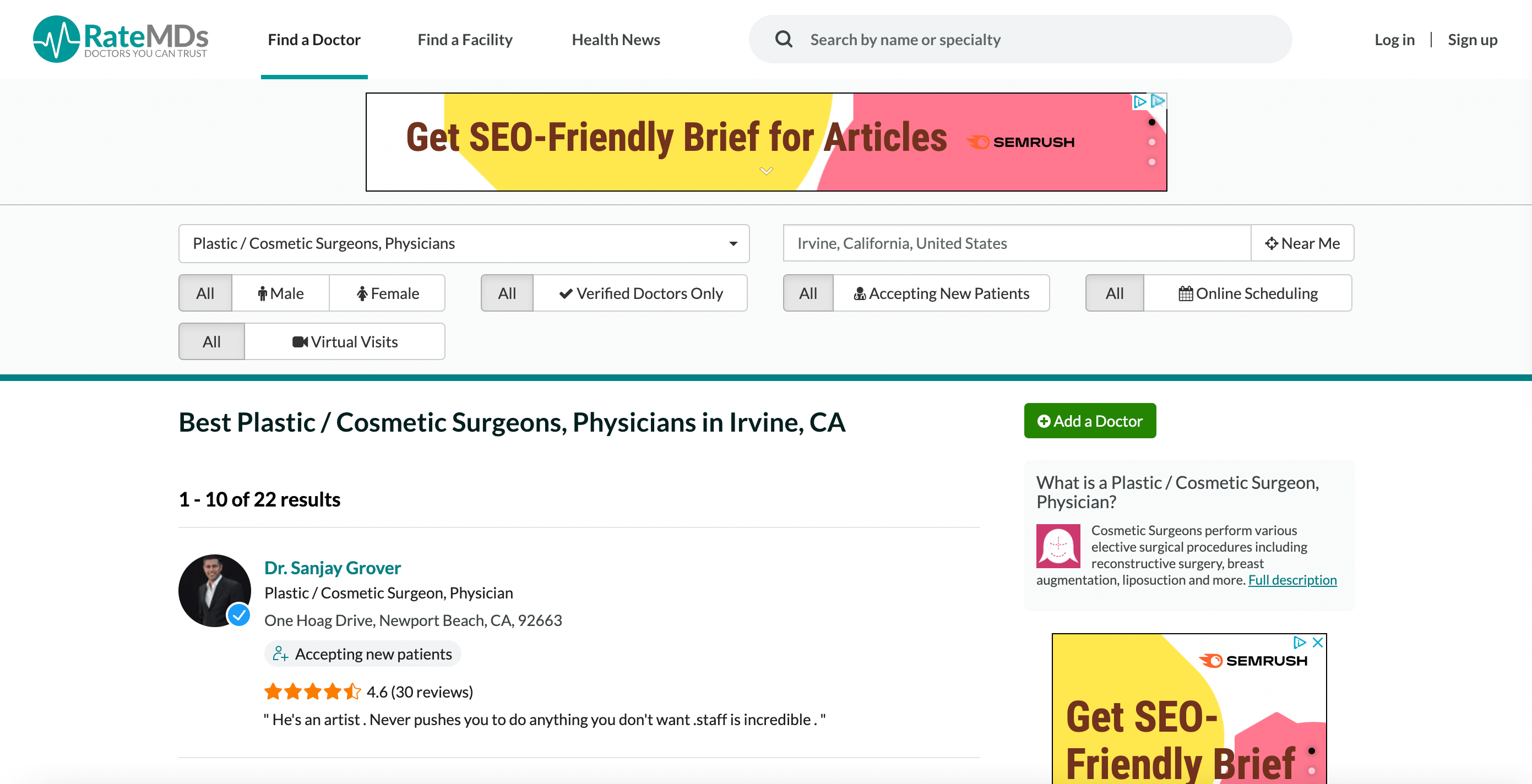showcasing healthcare reviews on Rate MDs