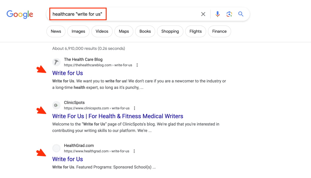 example showcasing healthcare write for us search for white hat link building