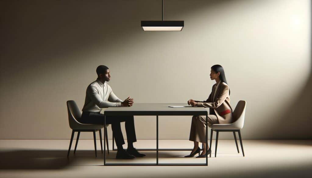 Two professionals discussing in a modern office space about starting a rehab center.