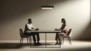 Two professionals discussing in a modern office space about starting a rehab center.