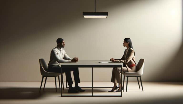 Two professionals discussing in a modern office space about starting a rehab center.