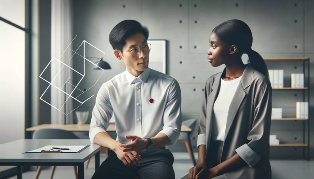 A healthcare professional and a marketing consultant discussing strategies in a modern office.