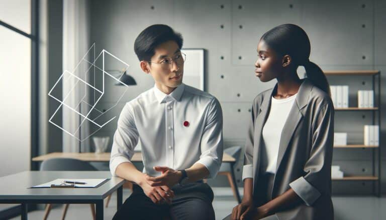 A healthcare professional and a marketing consultant discussing strategies in a modern office.