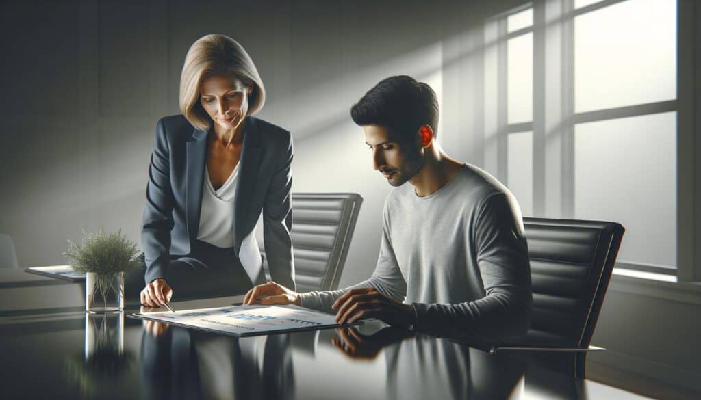 A professional office scene with a woman and a man discussing local SEO strategies for rehab centers.