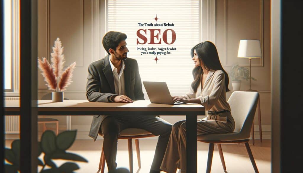 Professional marketing consultants discussing SEO costs in a minimalist office setting.