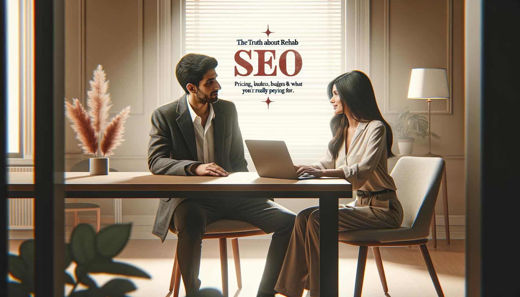 Professional marketing consultants discussing SEO costs in a minimalist office setting.