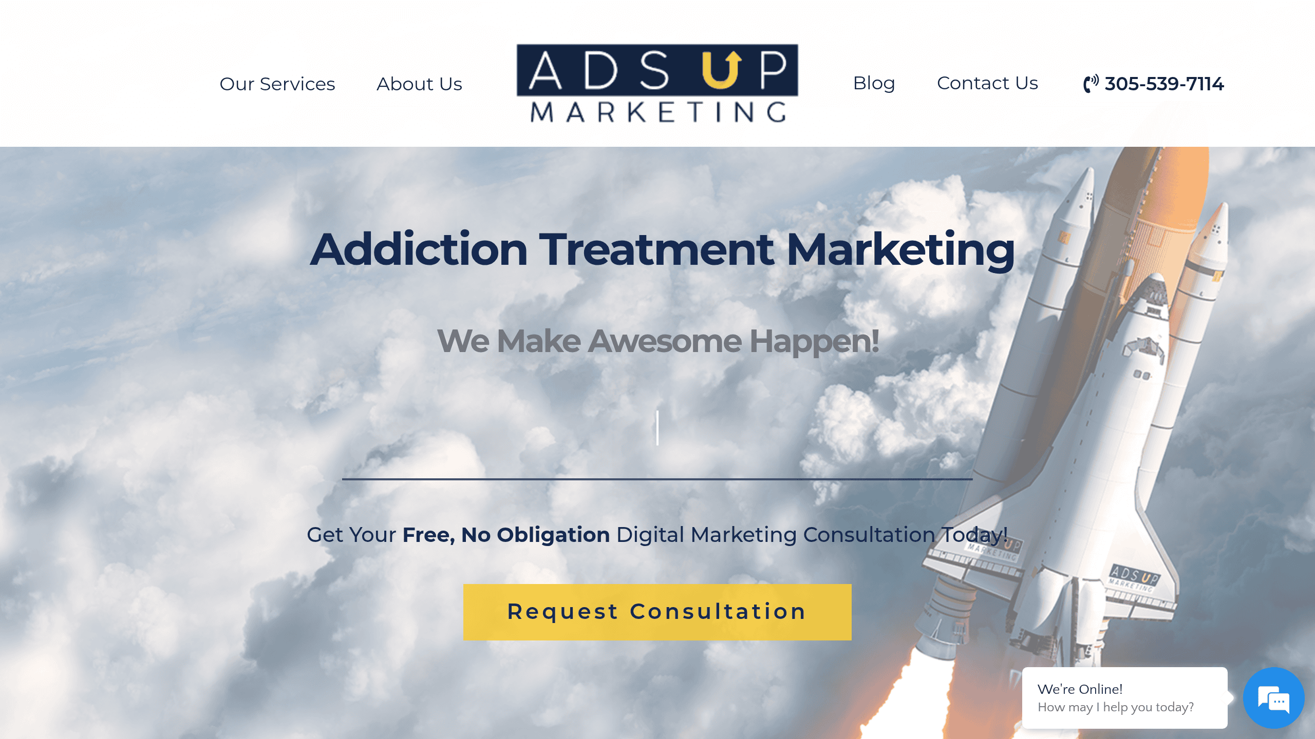 Homepage screenshot of Ads Up Marketing. Florida-based with national reach. Ads Up runs Meta and Google for behavioral health exclusively.