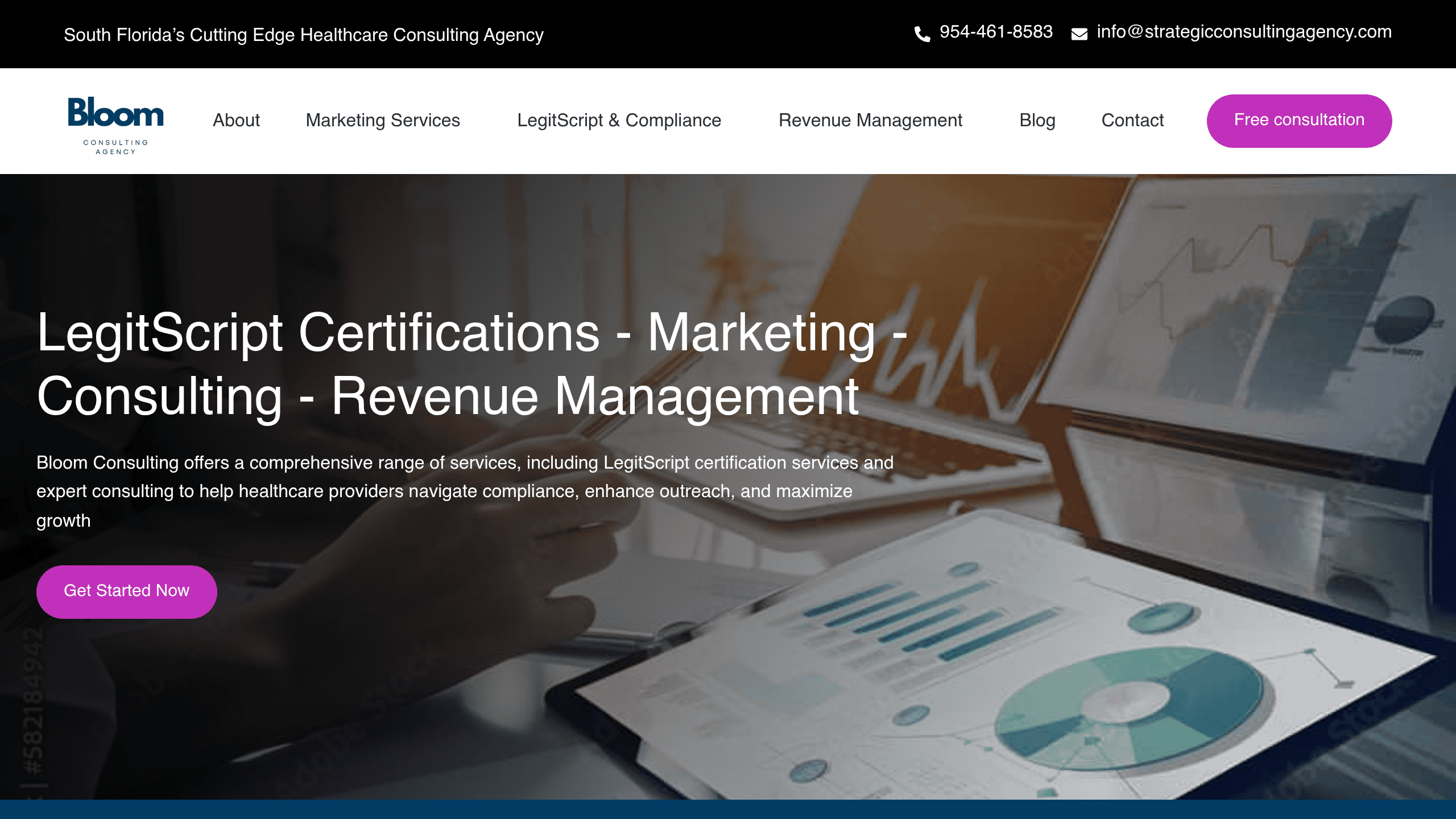 Homepage screenshot of Bloom Consulting Agency. Based in US. Bloom publishes one of the better LegitScript certification guides in the industry, which matters because LegitScript gates Meta advertising for rehab.