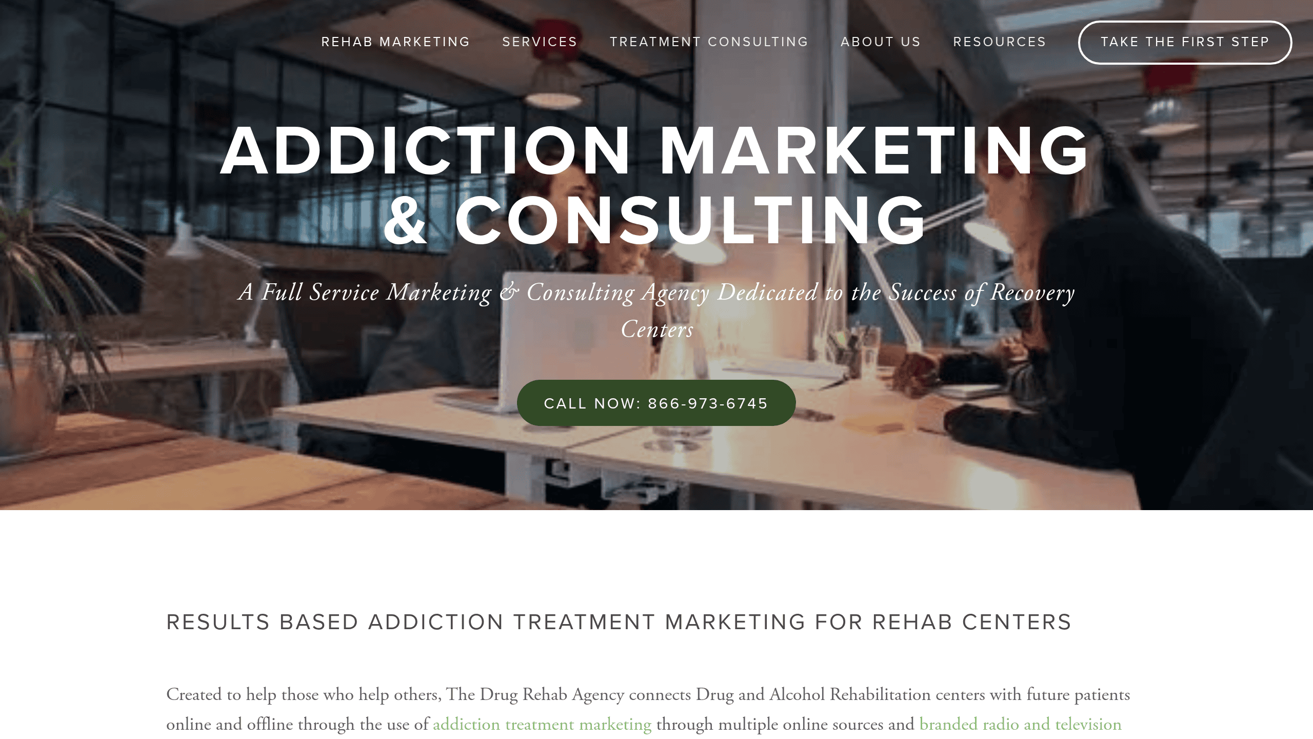 Homepage screenshot of Drug Rehab Agency. Based in US. Drug Rehab Agency runs the addiction treatment marketing playbook including paid social, search, SEO, and reputation.