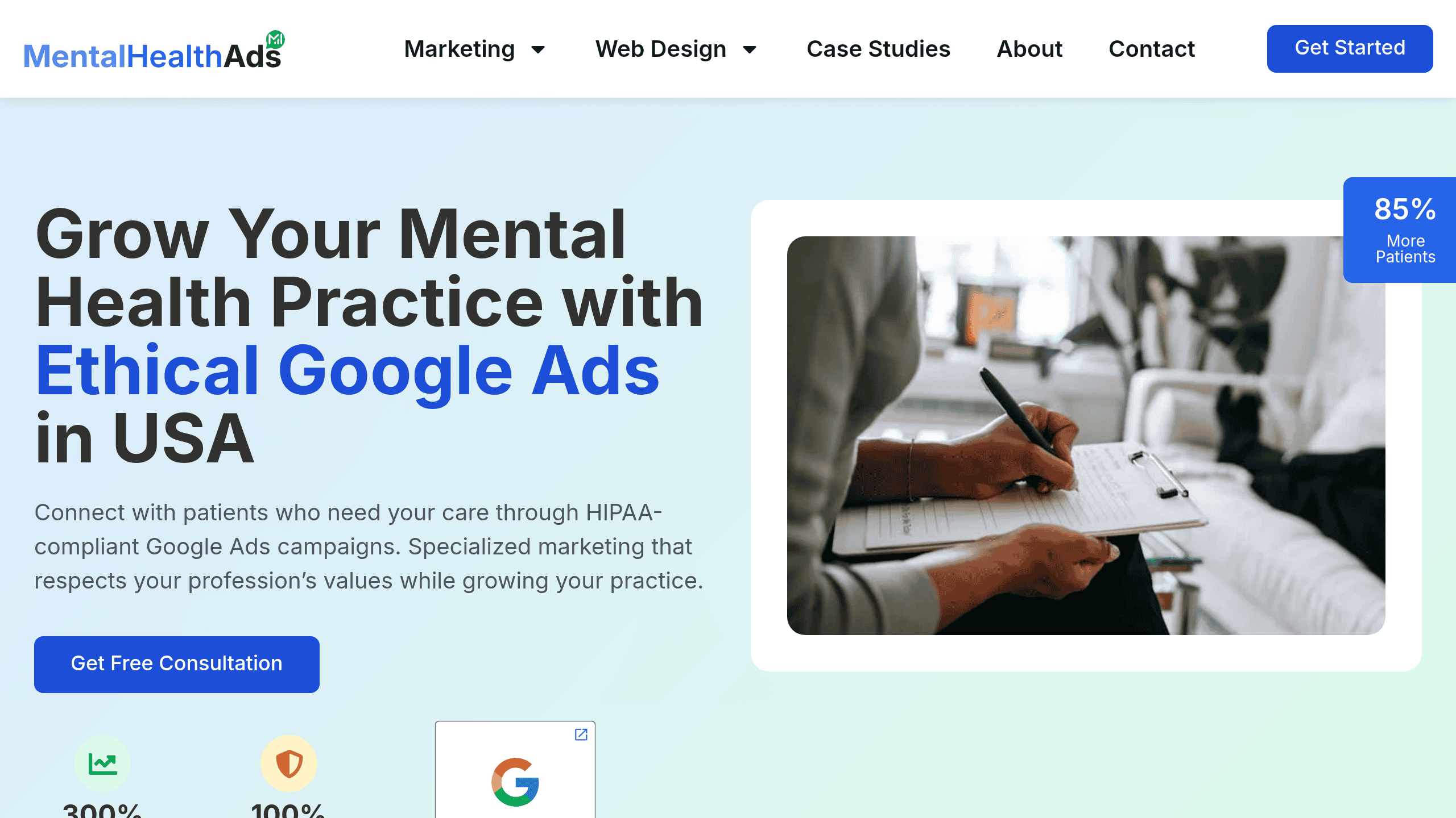 Homepage screenshot of Mental Health Ads. Based in US. Mental Health Ads runs HIPAA-compliant paid social for therapists, mental health practices, and addiction recovery providers.