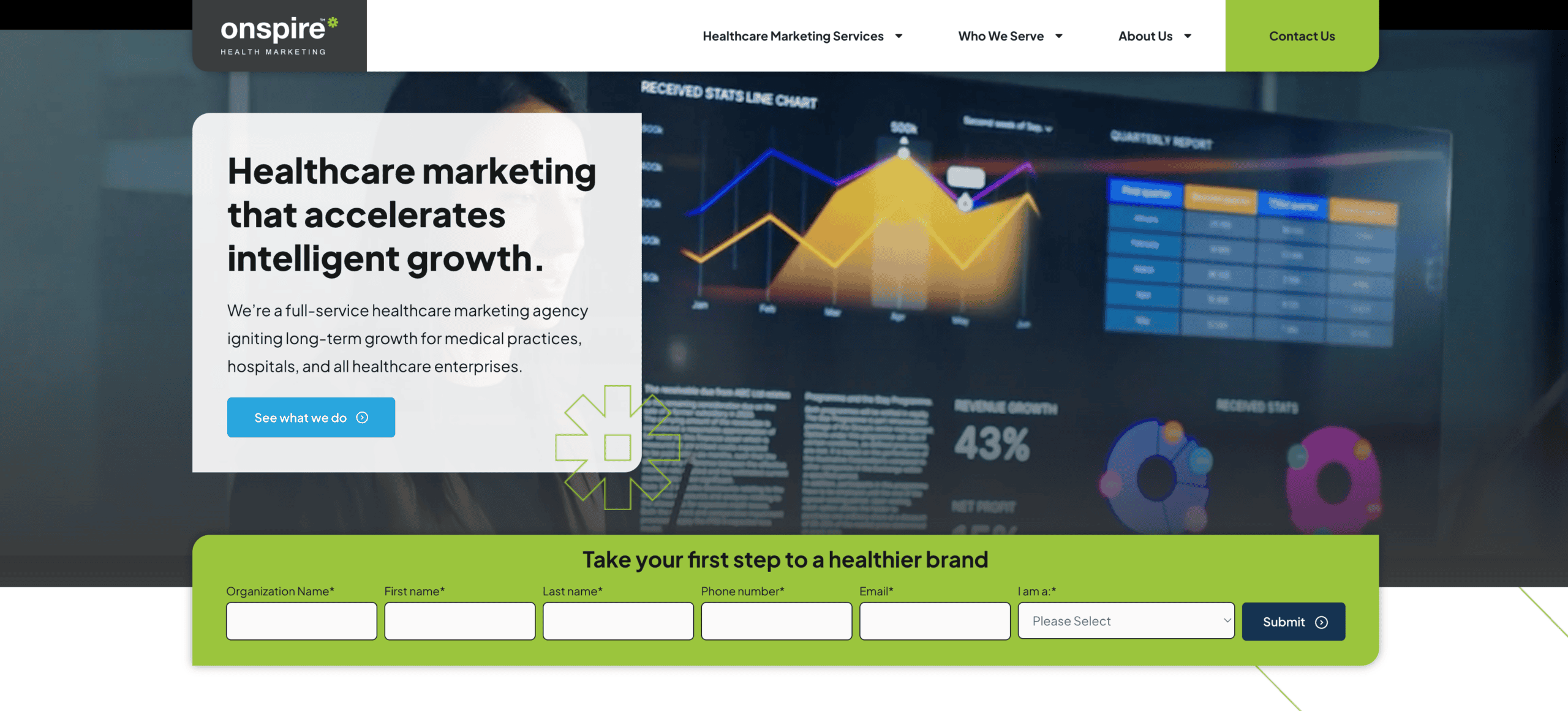 Homepage screenshot of Onspire Health Marketing. US-based. Onspire is a healthcare marketing agency with creative services across the broader healthcare buyer environment.