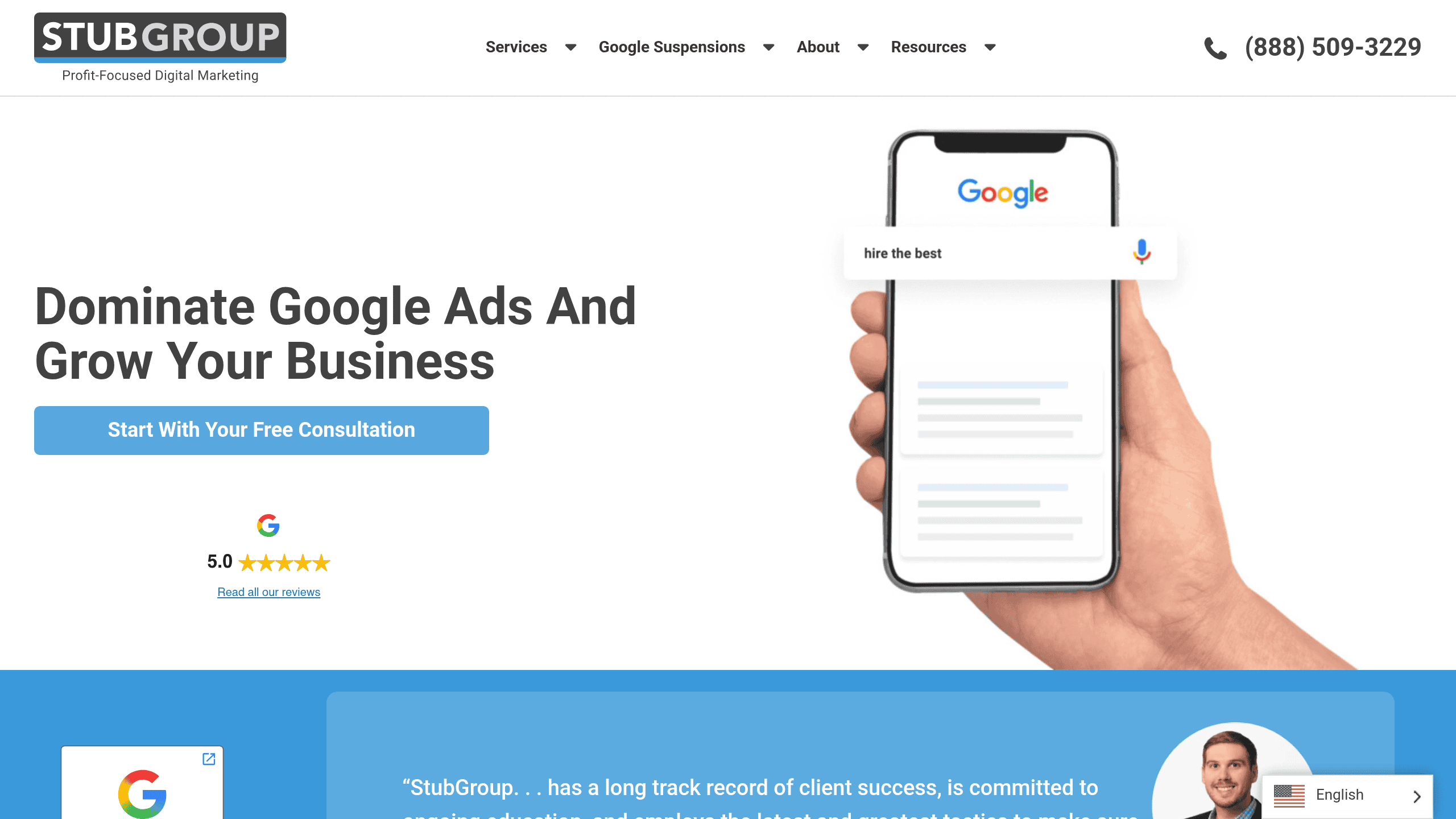 Homepage screenshot of StubGroup. Based in Texas. StubGroup is a Google Premier Partner that has generated over half a billion dollars in revenue for over 3,000 clients across many verticals.