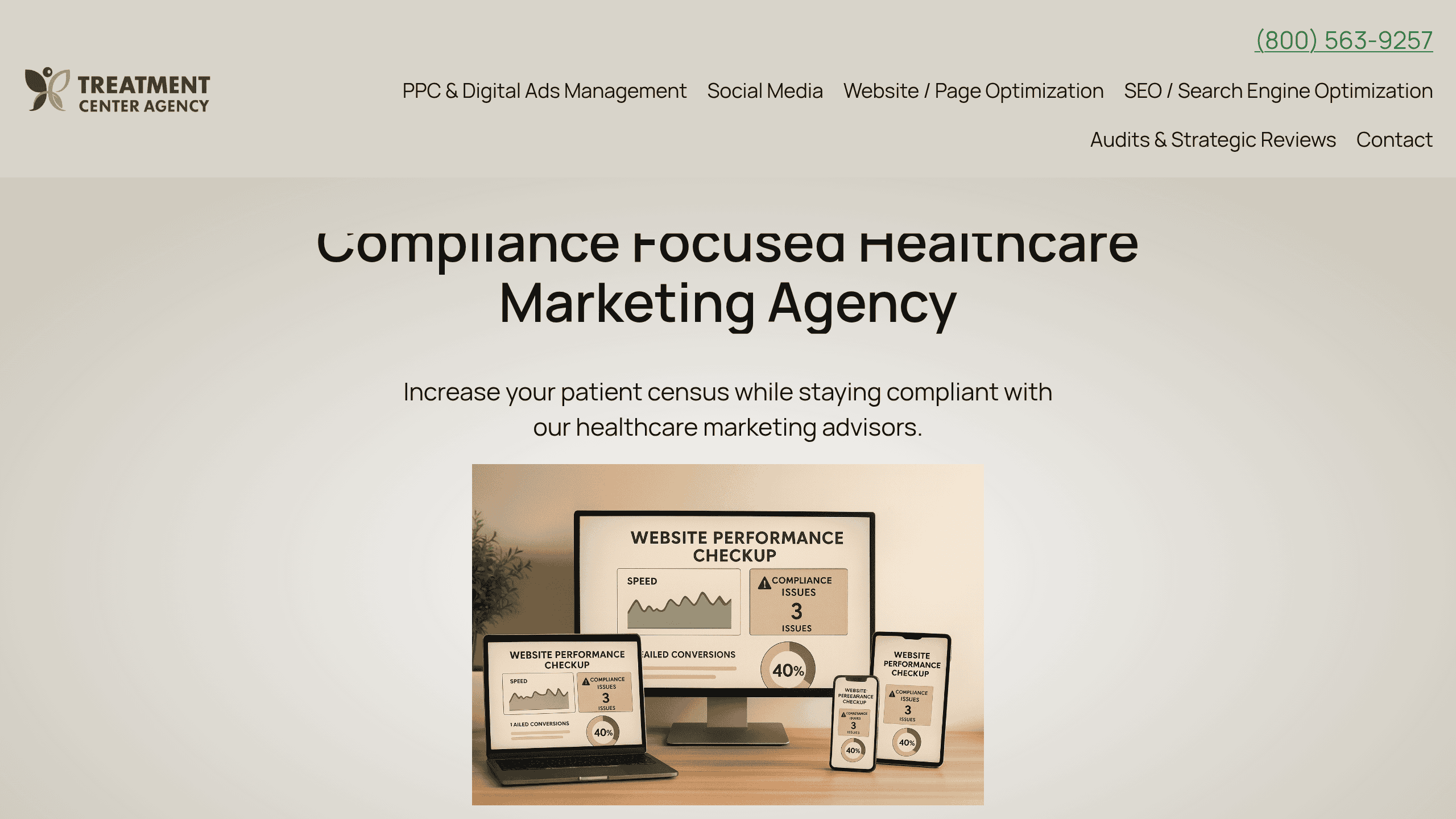 Homepage screenshot of Treatment Center Agency. Based in US. Treatment Center Agency offers integrated PPC, SEO, paid social, and content.