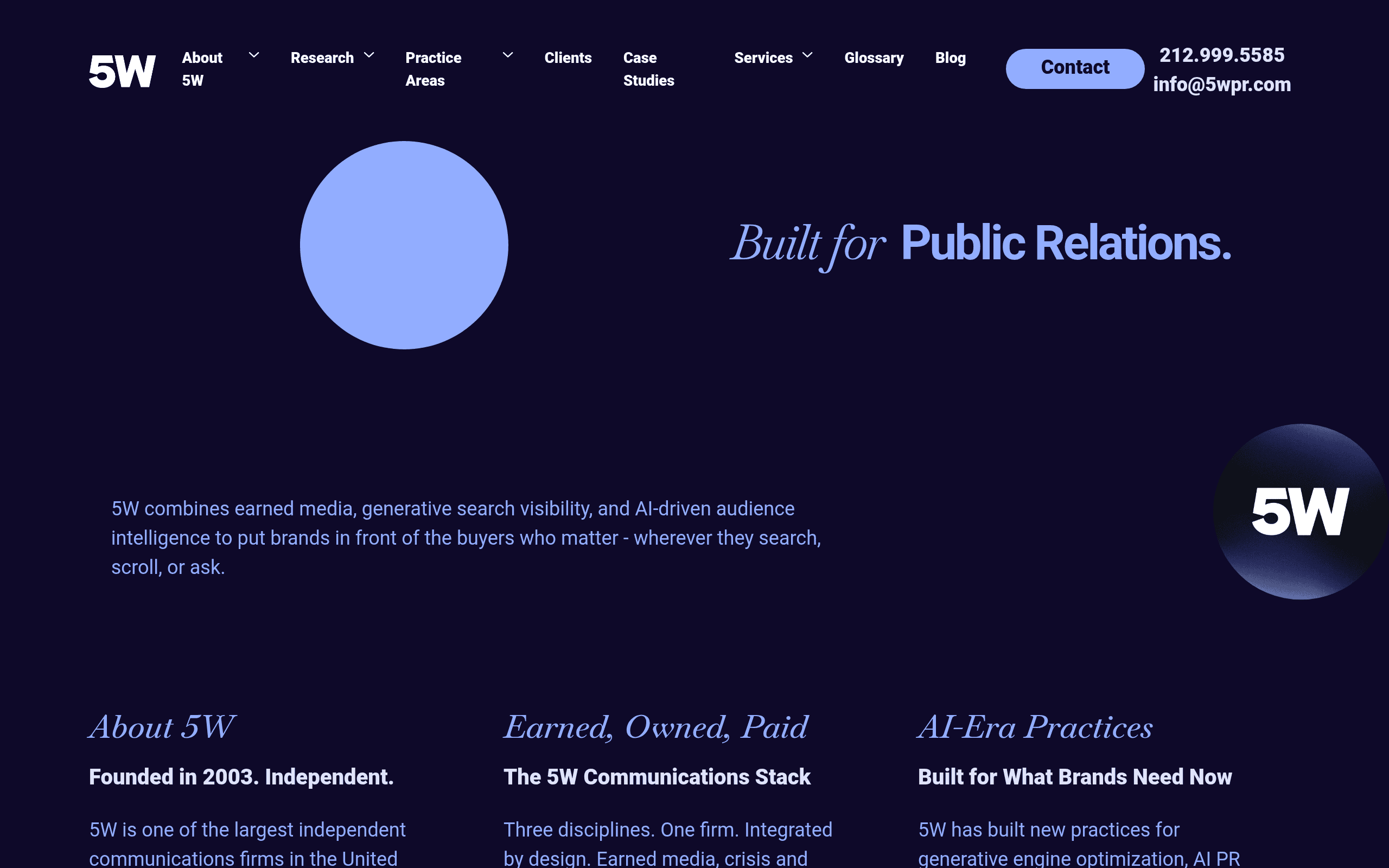 5W Public Relations homepage screenshot. Senior-led consumer and healthcare PR firm with national press relationships.