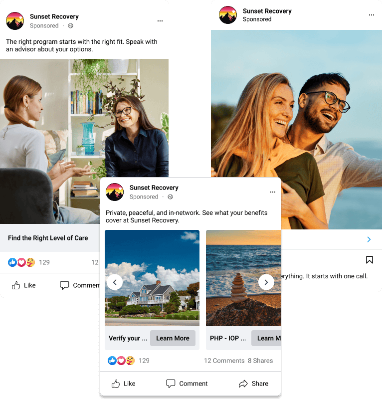 meta ad examples from a mock treatment center