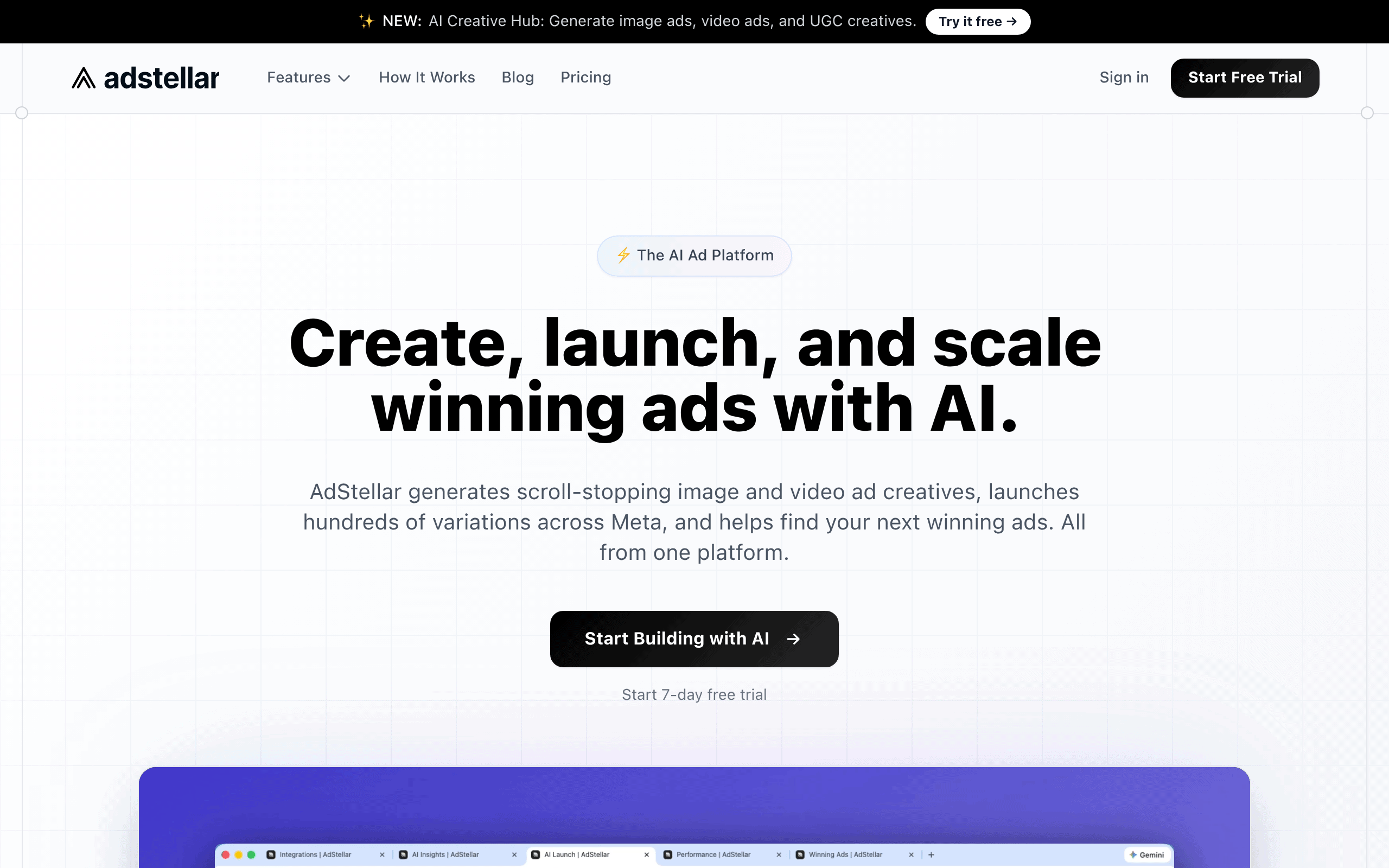 AdStellar AI homepage screenshot. AI ad campaign builder for Meta with integrated generation-to-launch workflow.