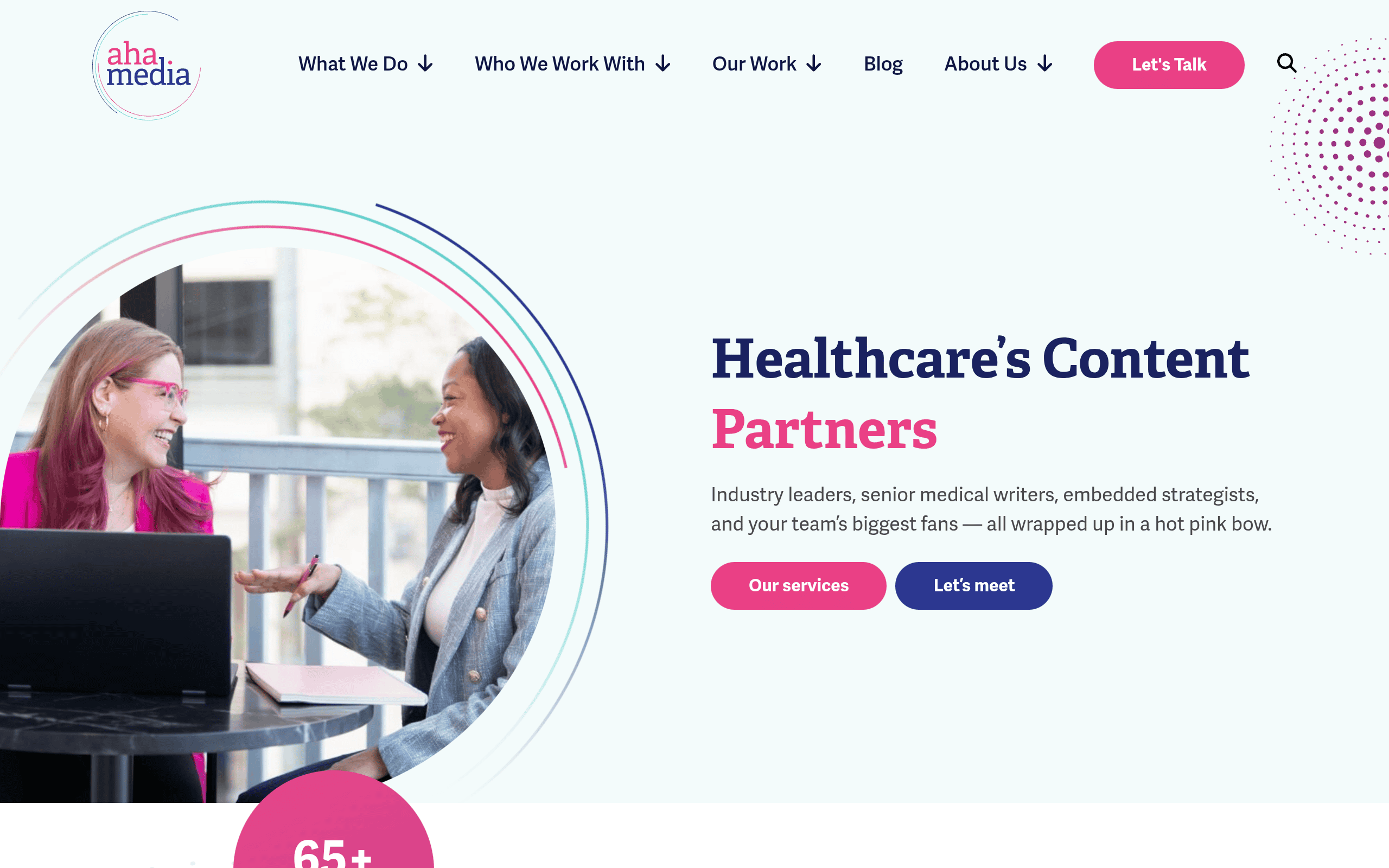 Aha Media Group homepage screenshot. Healthcare content marketing agency emphasizing patient-voice editorial and clinical reviewer integration.