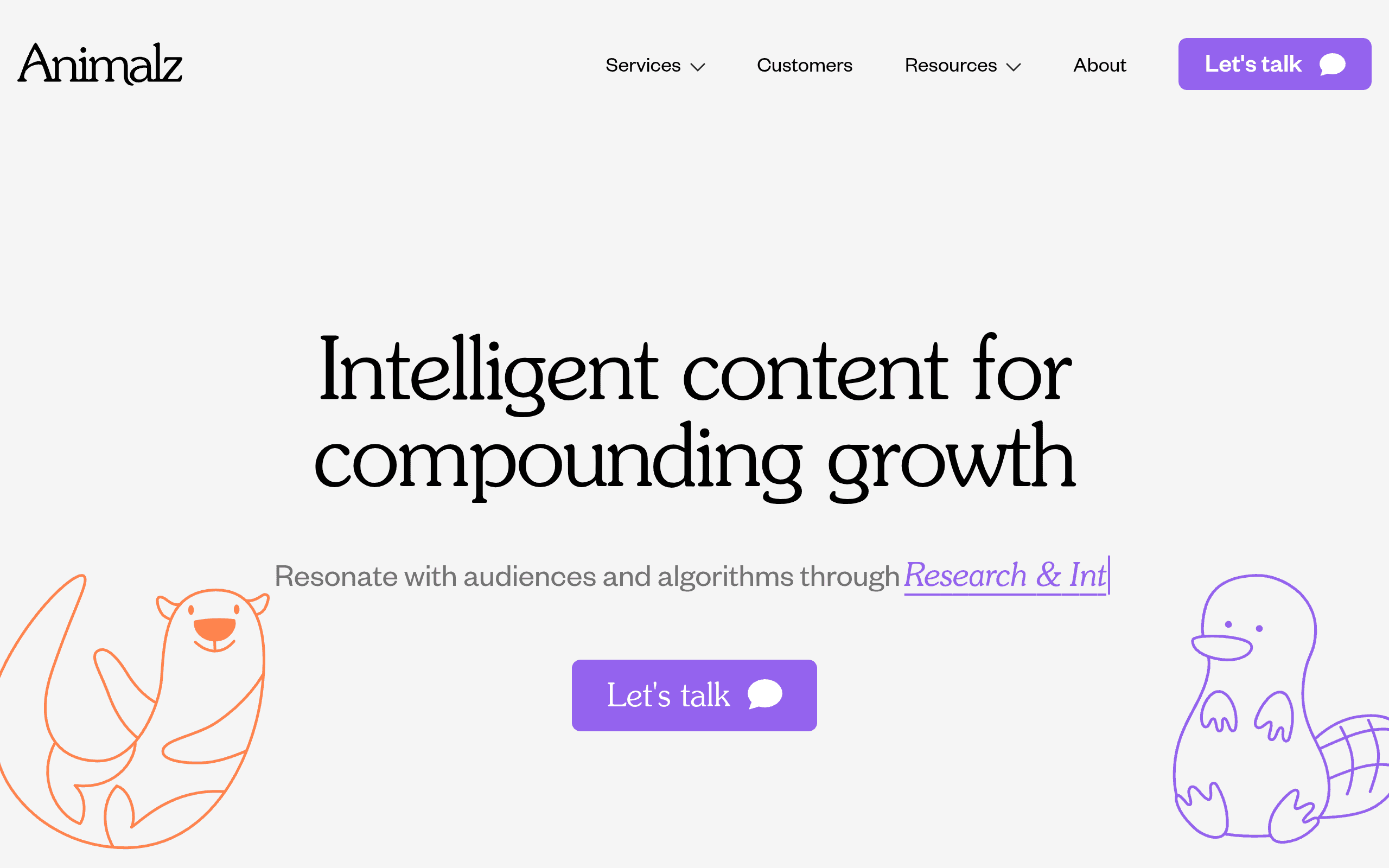 Animalz homepage screenshot. Premium content marketing agency known for original research and non-commodity content methodology.