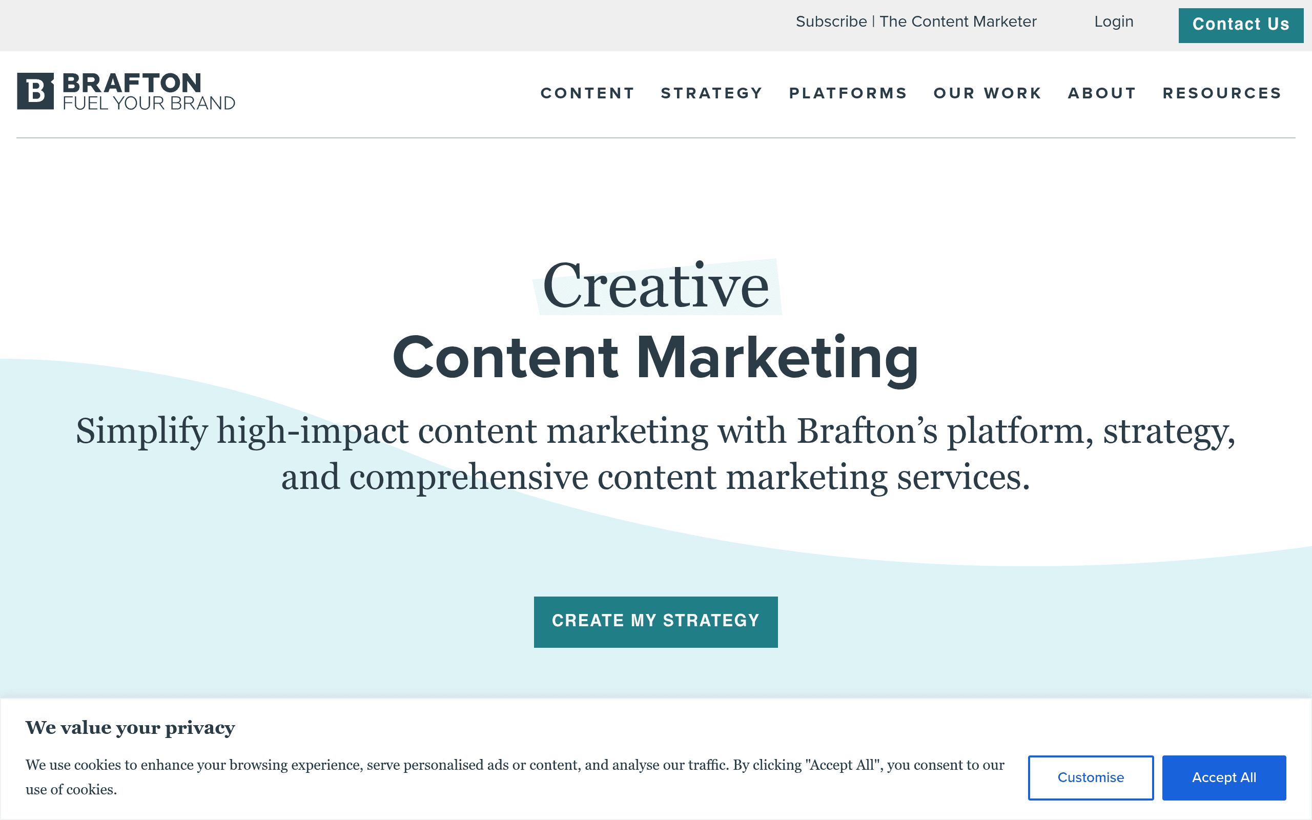 Brafton homepage screenshot. One of the largest content marketing agencies with in-house editorial teams and broad service offering.