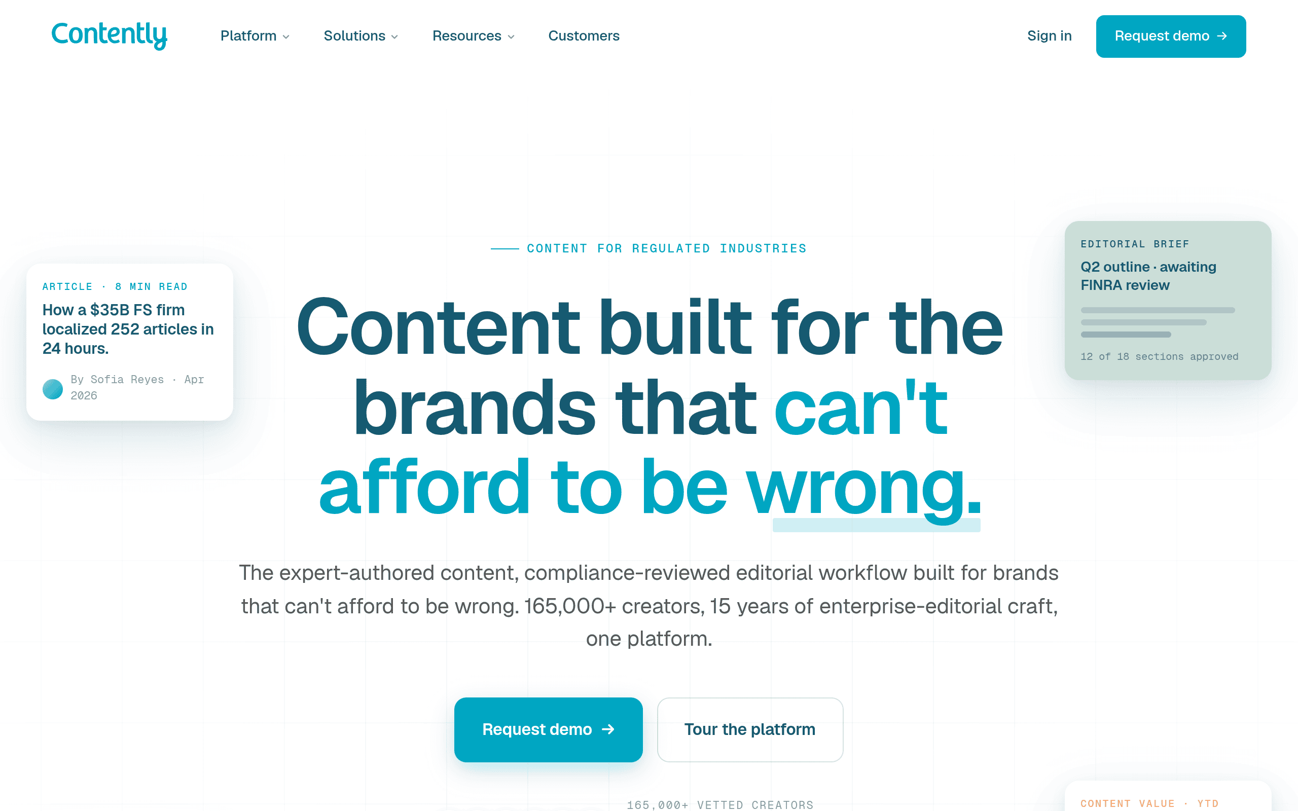 Contently homepage screenshot. Content marketing platform with managed services and longer track record in enterprise brand publishing.