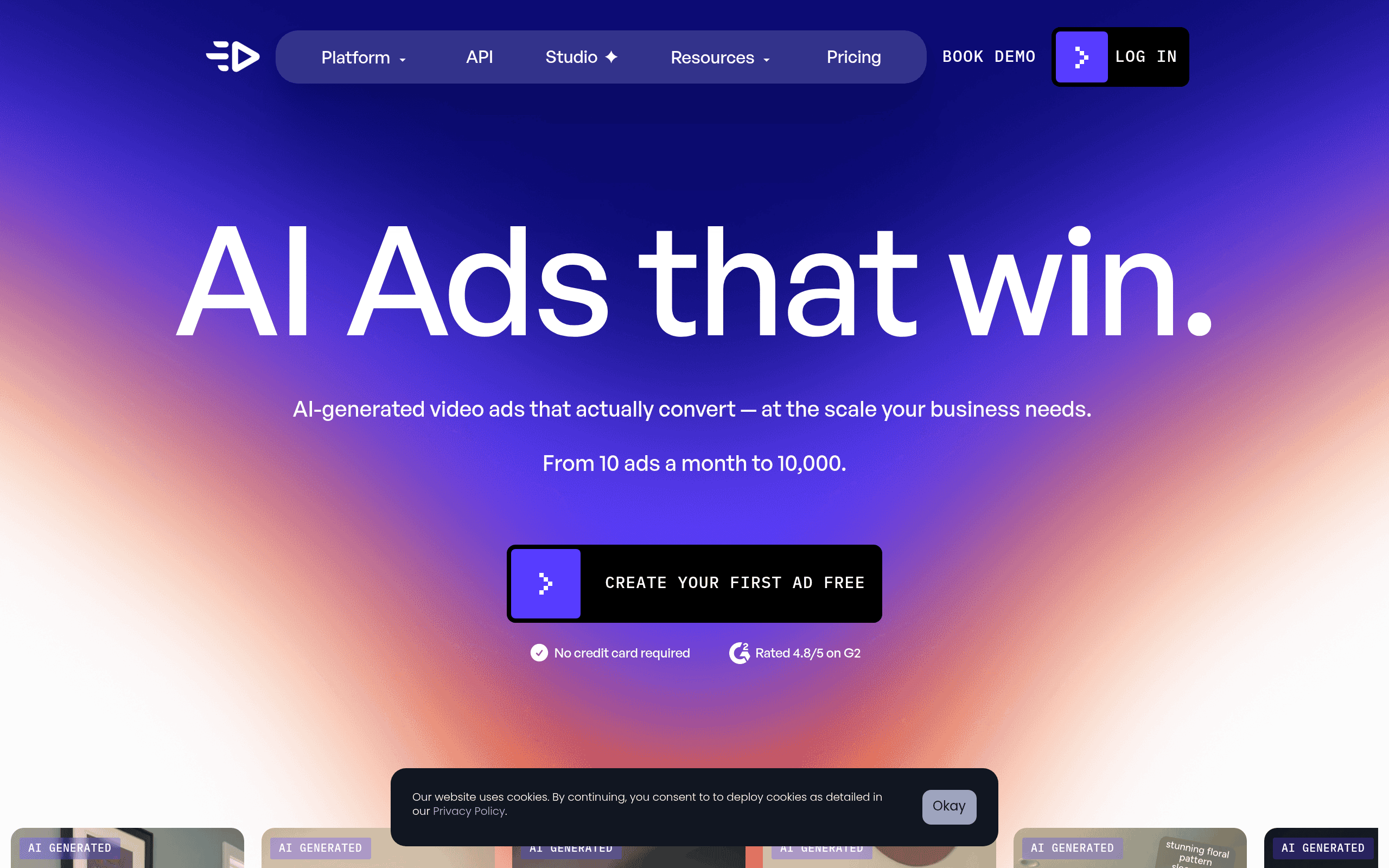 Creatify homepage screenshot. AI ad generator producing realistic avatar videos and UGC-style content from product URLs.