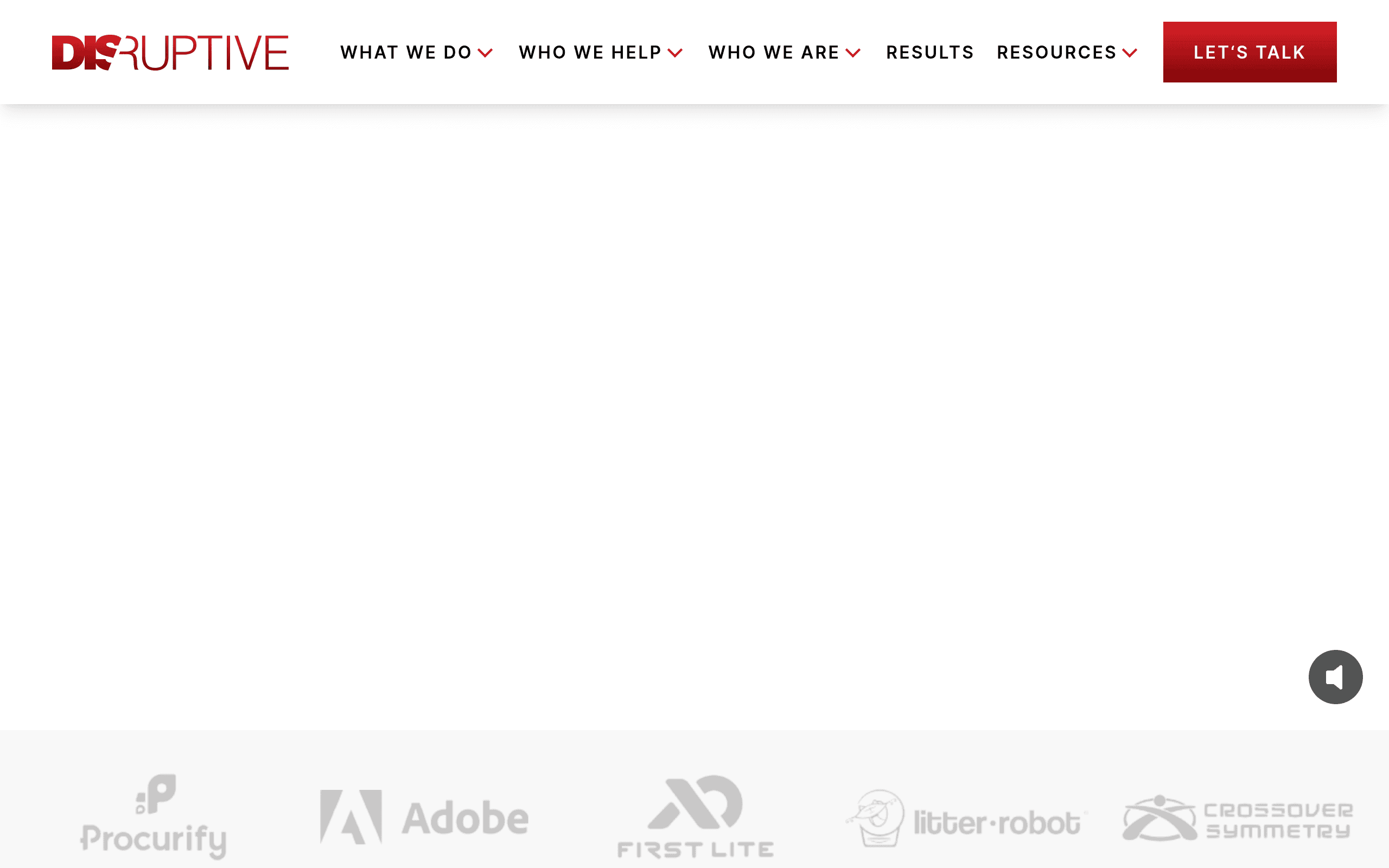 Disruptive Advertising homepage screenshot. Paid media agency with PPC management and landing page services as integrated offerings.