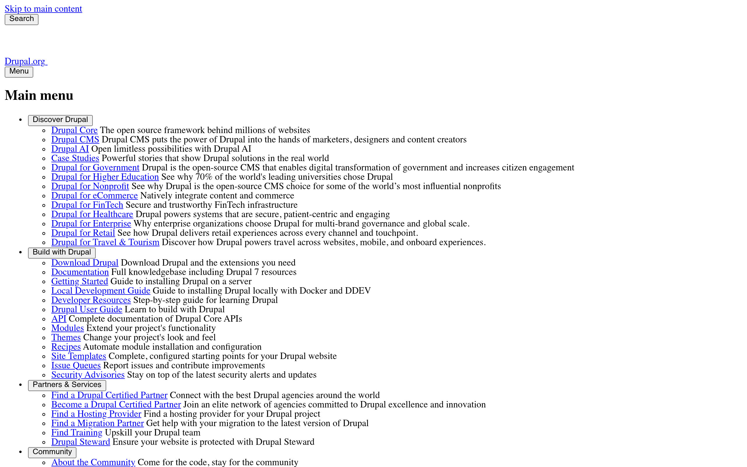 Drupal.org homepage screenshot. Open-source CMS with enterprise security posture used by federal government and large healthcare systems.