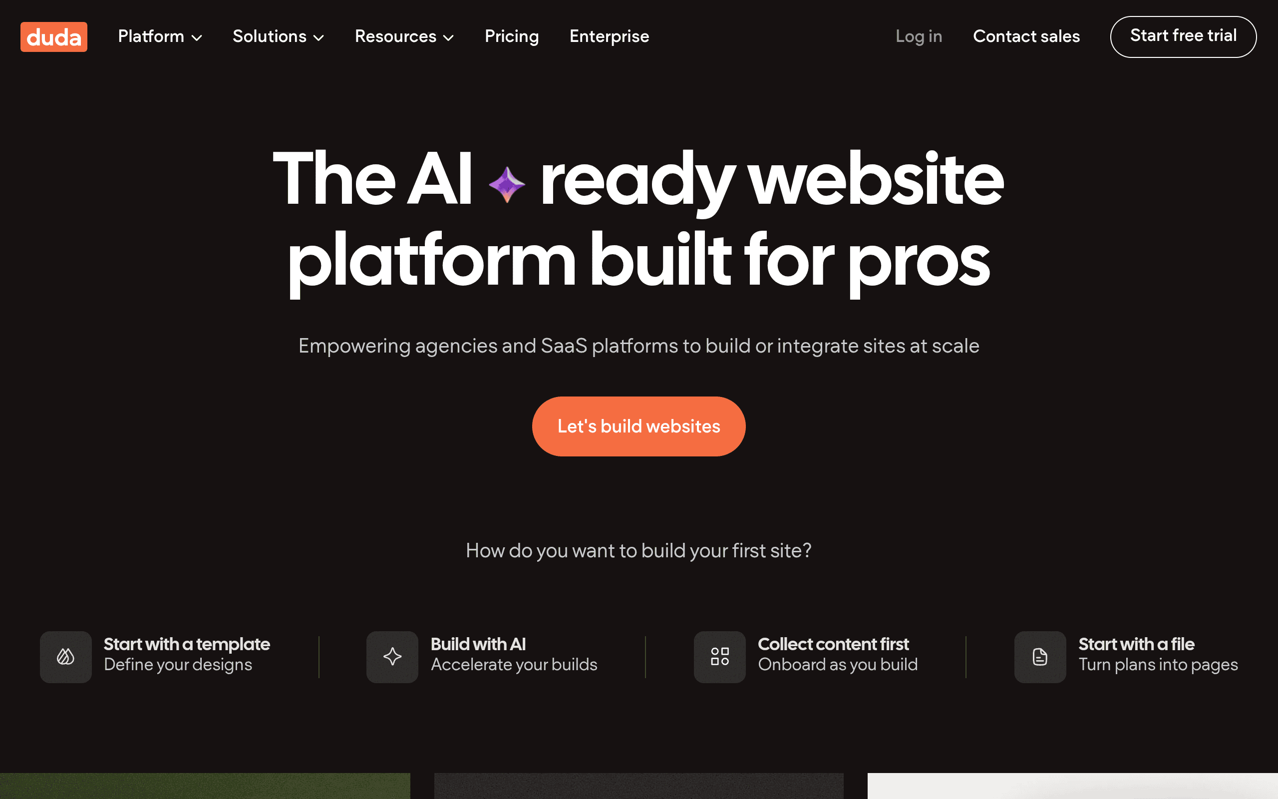 Duda homepage screenshot. White-label website builder optimized for agencies, with built-in widgets for booking, reviews, and lead capture.