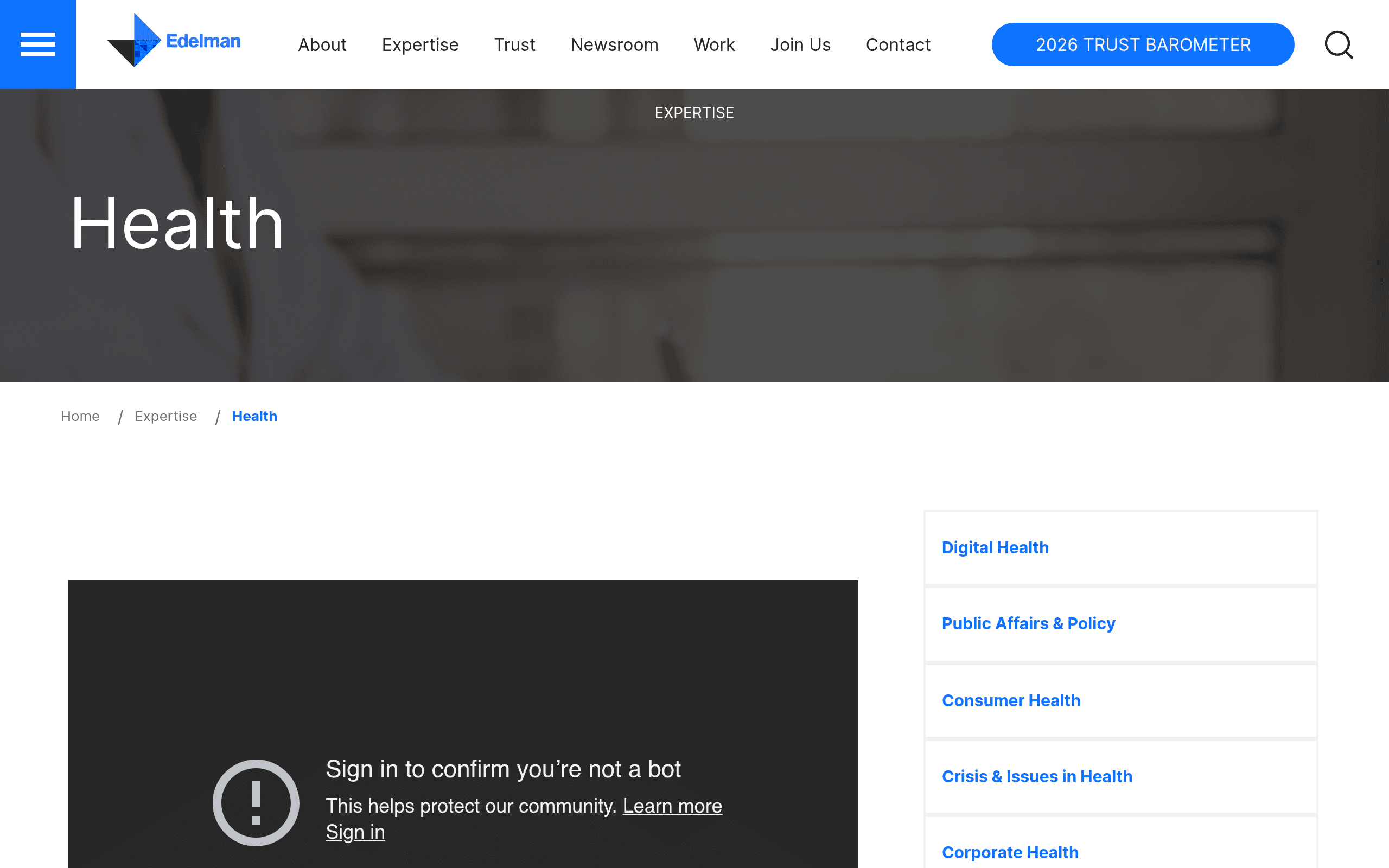 Edelman Health page screenshot. Global PR enterprise with dedicated healthcare communications and crisis management practice.