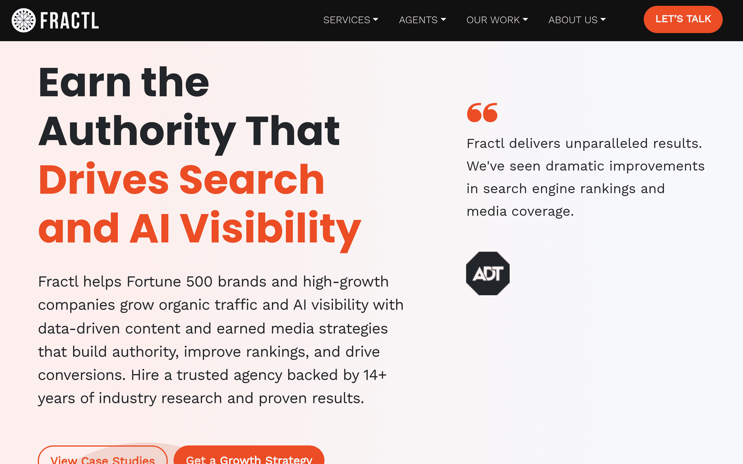 Fractl homepage screenshot. Digital PR agency known for data studies, creative content campaigns, and earned media programs.