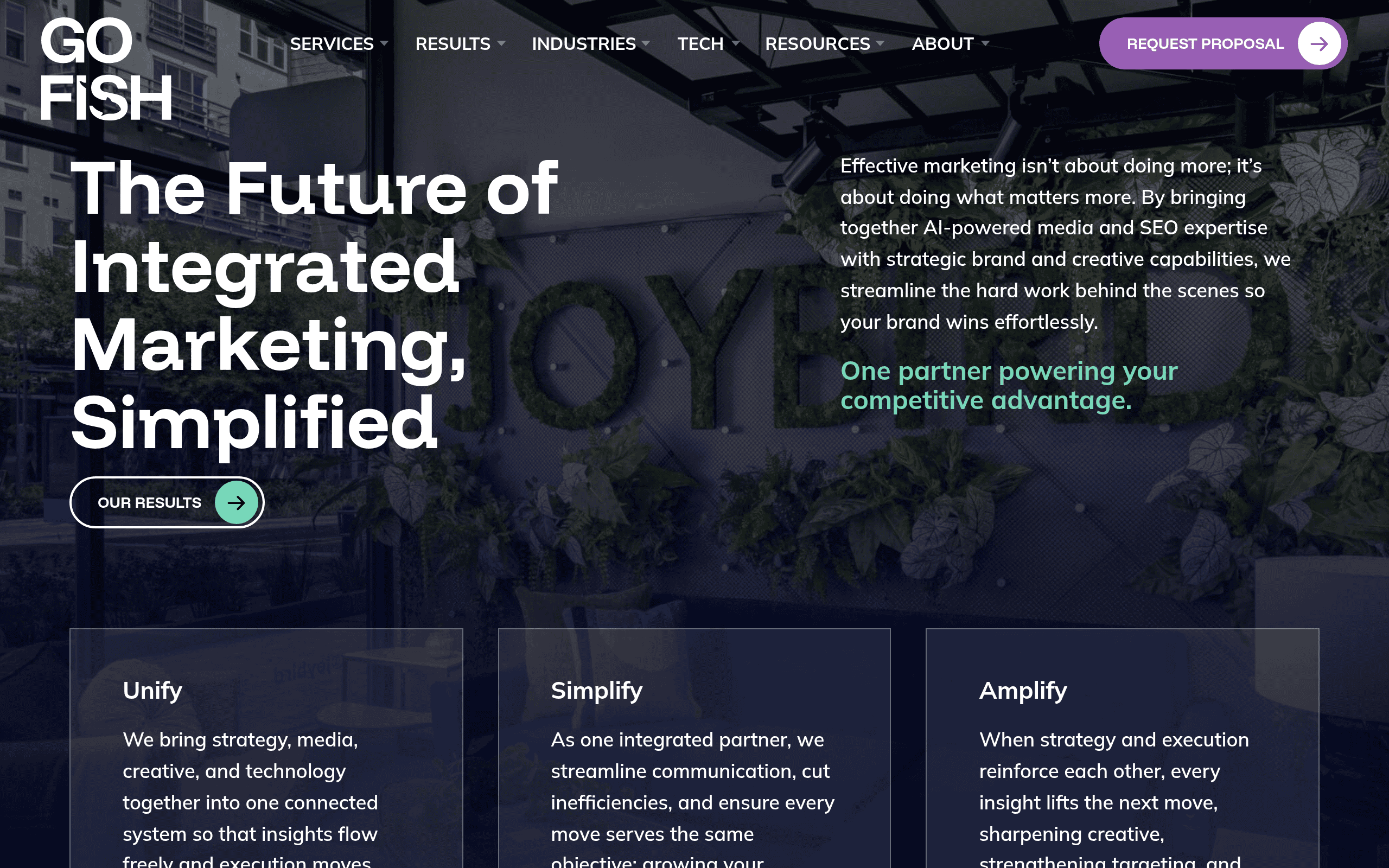 Go Fish Digital homepage screenshot. Full-service digital PR agency specializing in surveys, data studies, and link-building campaigns.