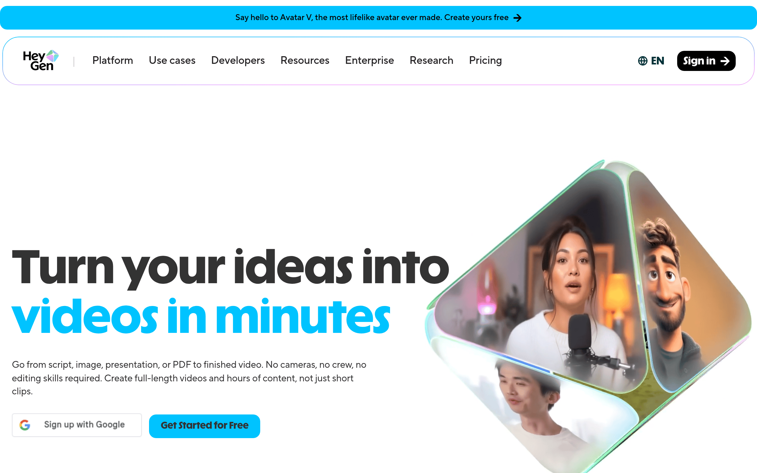 HeyGen homepage screenshot. Polished AI avatar platform with realistic avatar speakers, voice cloning, and multi-language output.