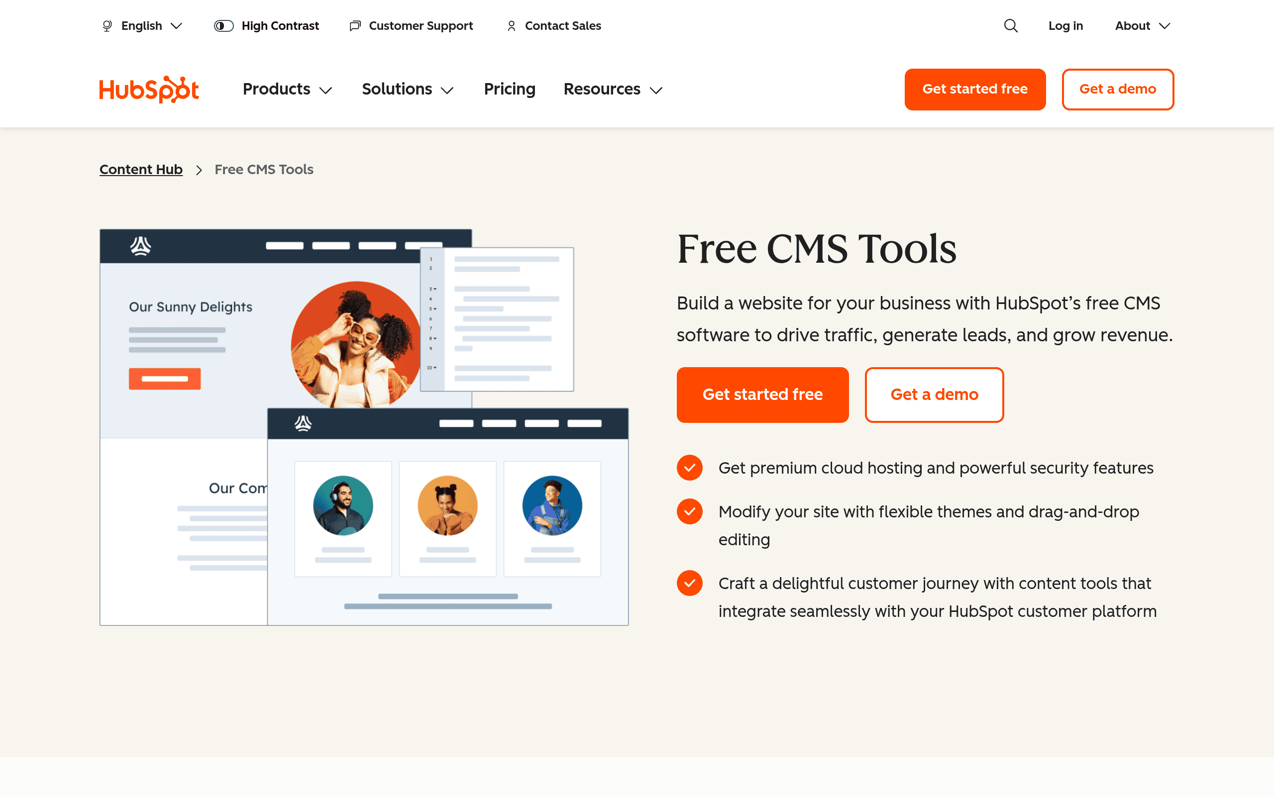 HubSpot CMS Hub homepage screenshot. Enterprise website platform inside HubSpot's broader marketing and sales suite with BAA coverage at Enterprise tier.