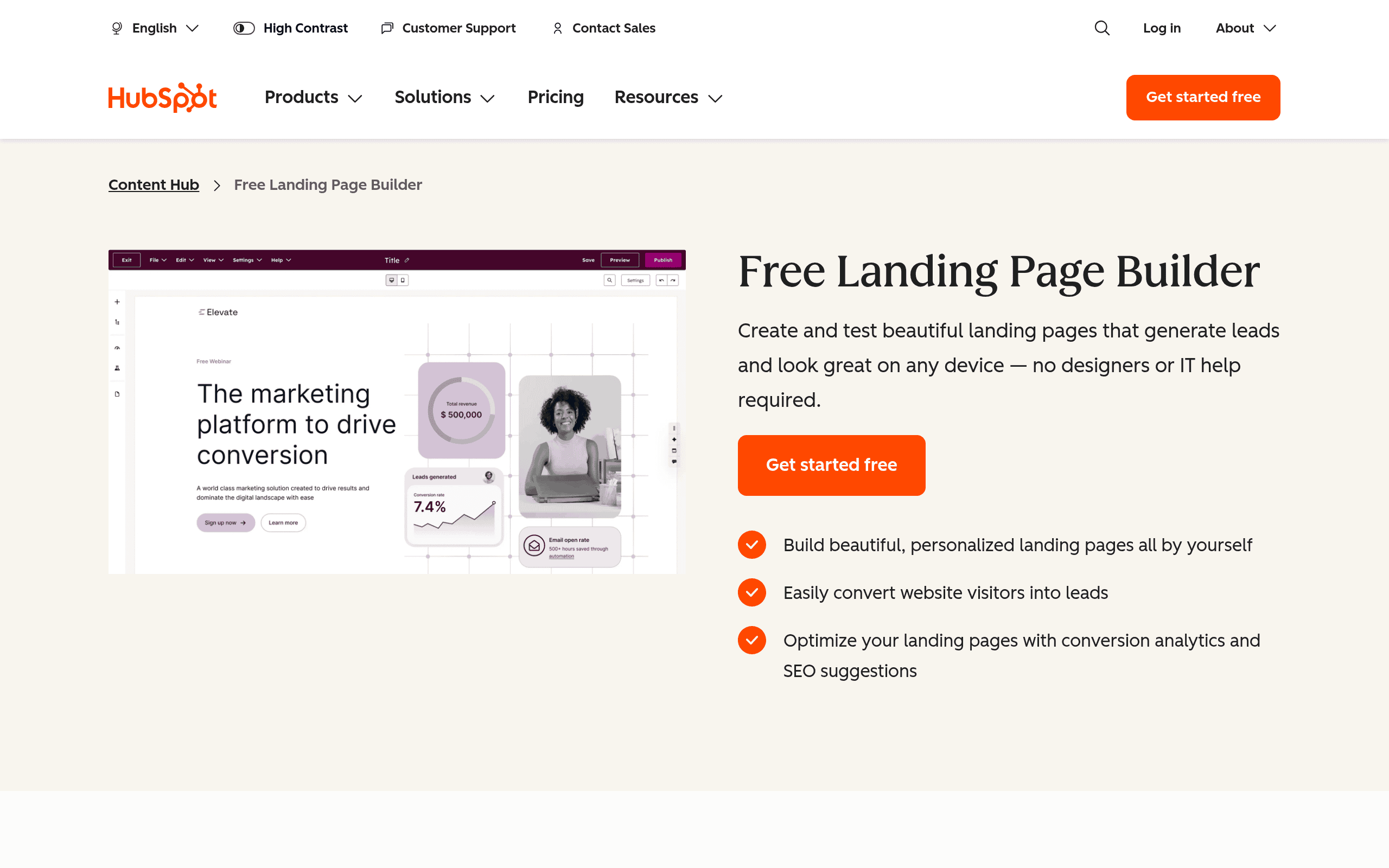 HubSpot landing pages product homepage screenshot. CRM-integrated landing page builder for treatment centers running HubSpot Enterprise.