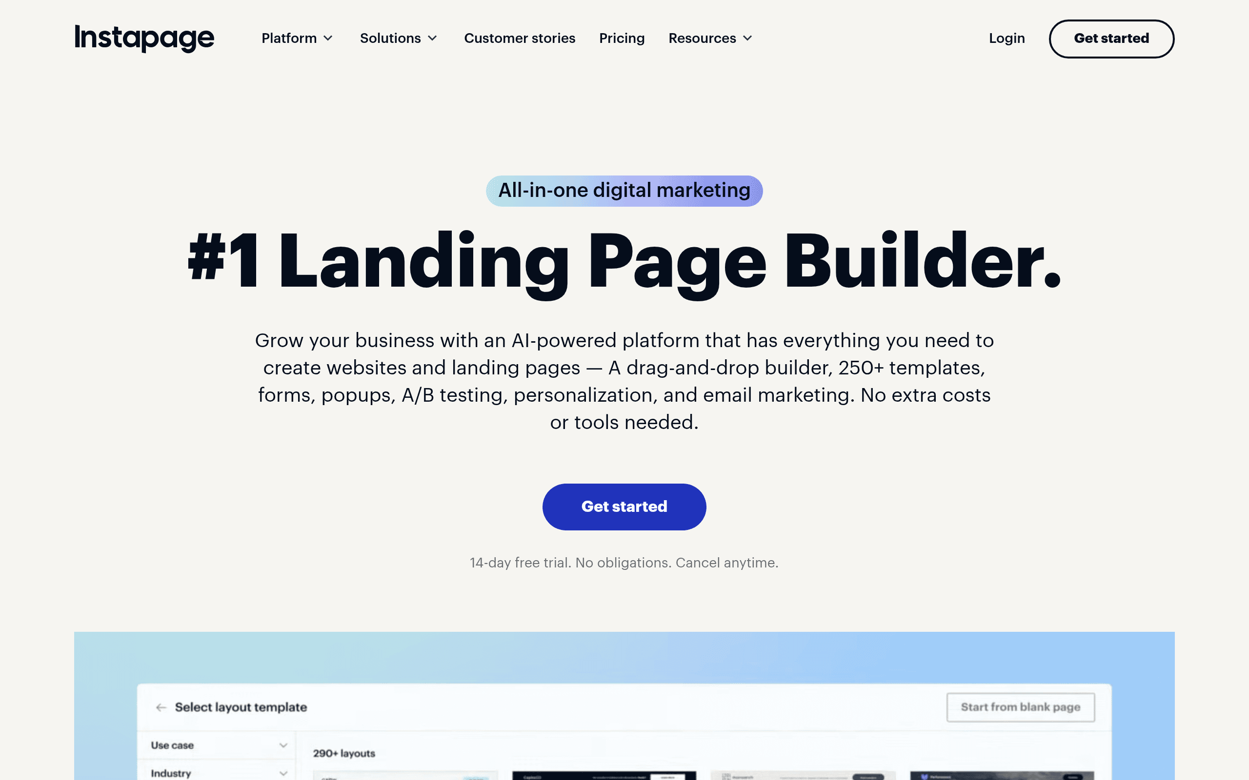 Instapage landing page builder homepage screenshot. Multivariate testing and AdMap personalization for paid media landing pages.