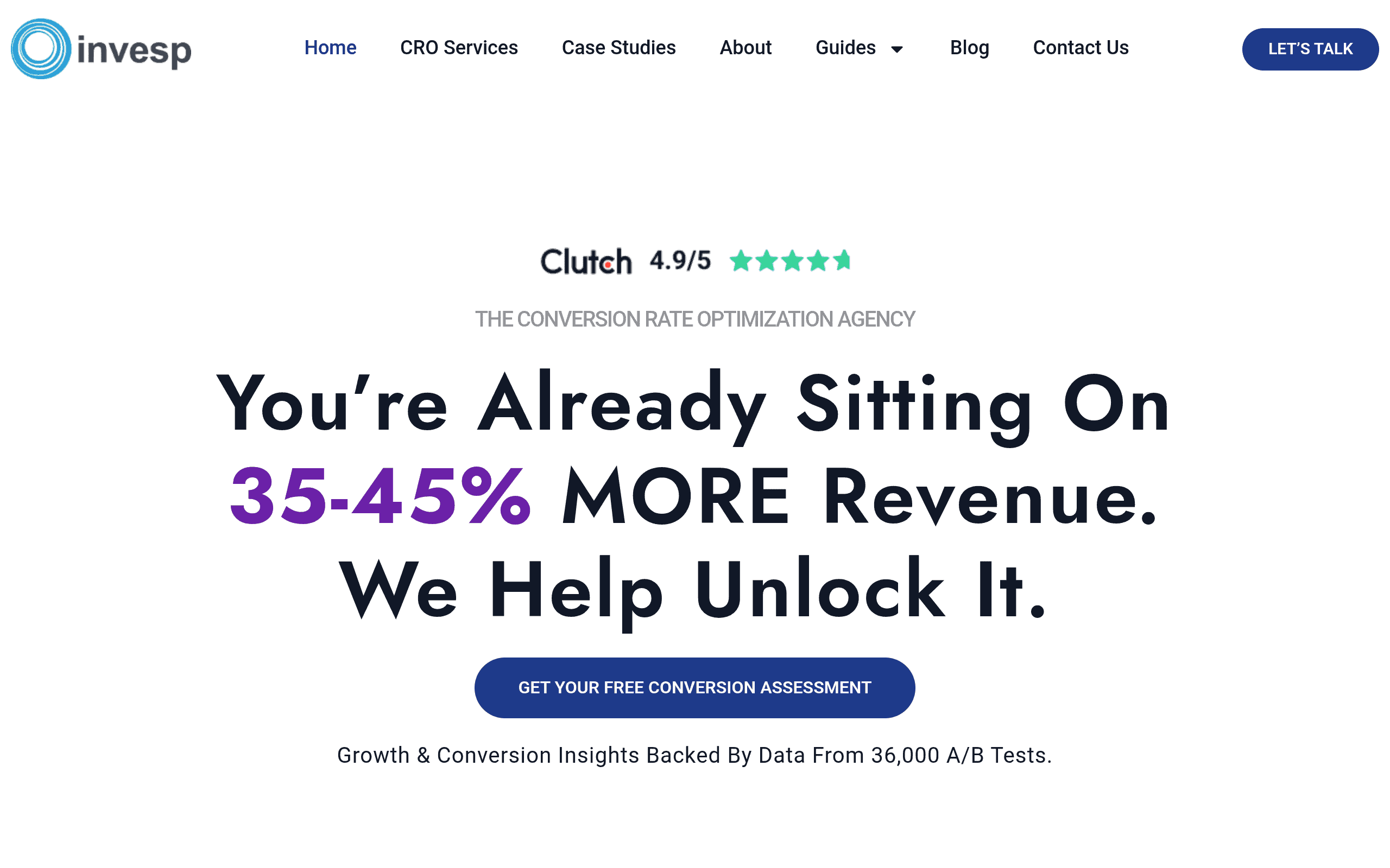 Invesp homepage screenshot. CRO consultancy emphasizing research, heuristic analysis, and structured audit deliverables across multiple industries.