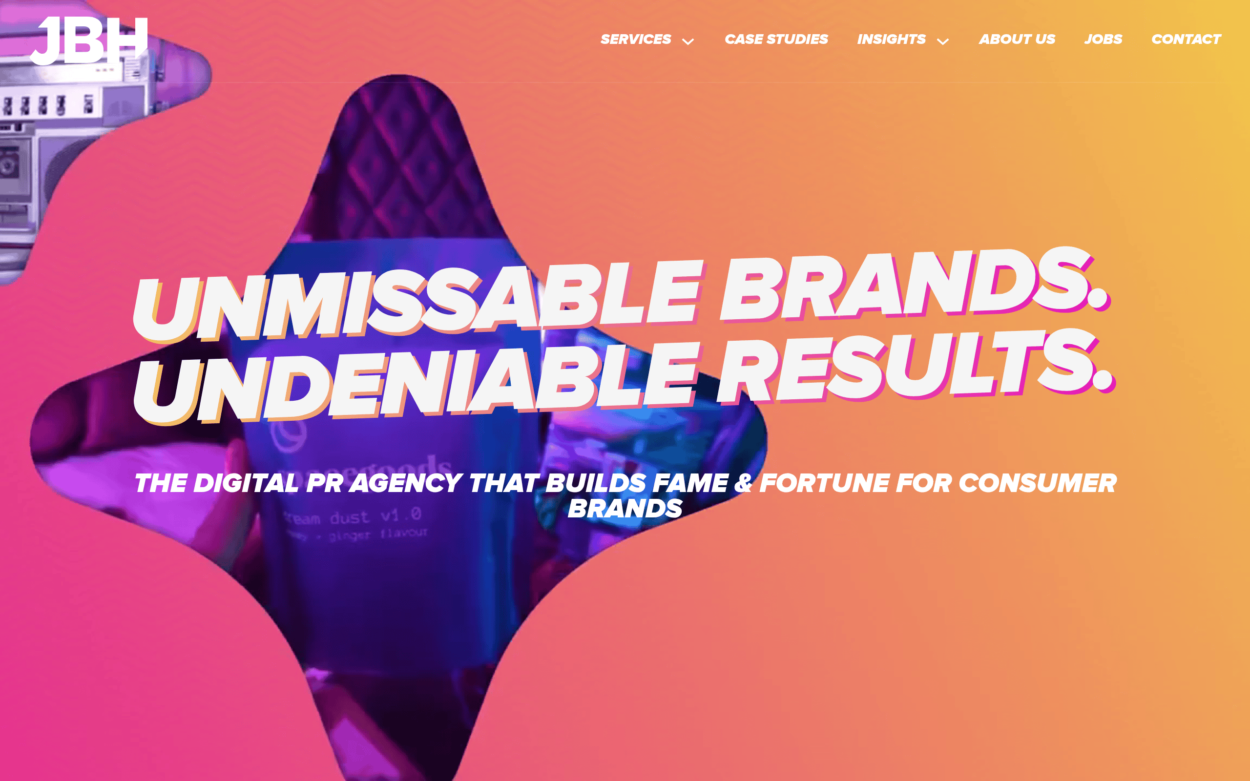 JBH homepage screenshot. UK-based digital PR agency running data-led campaigns and earned media programs for healthcare clients.