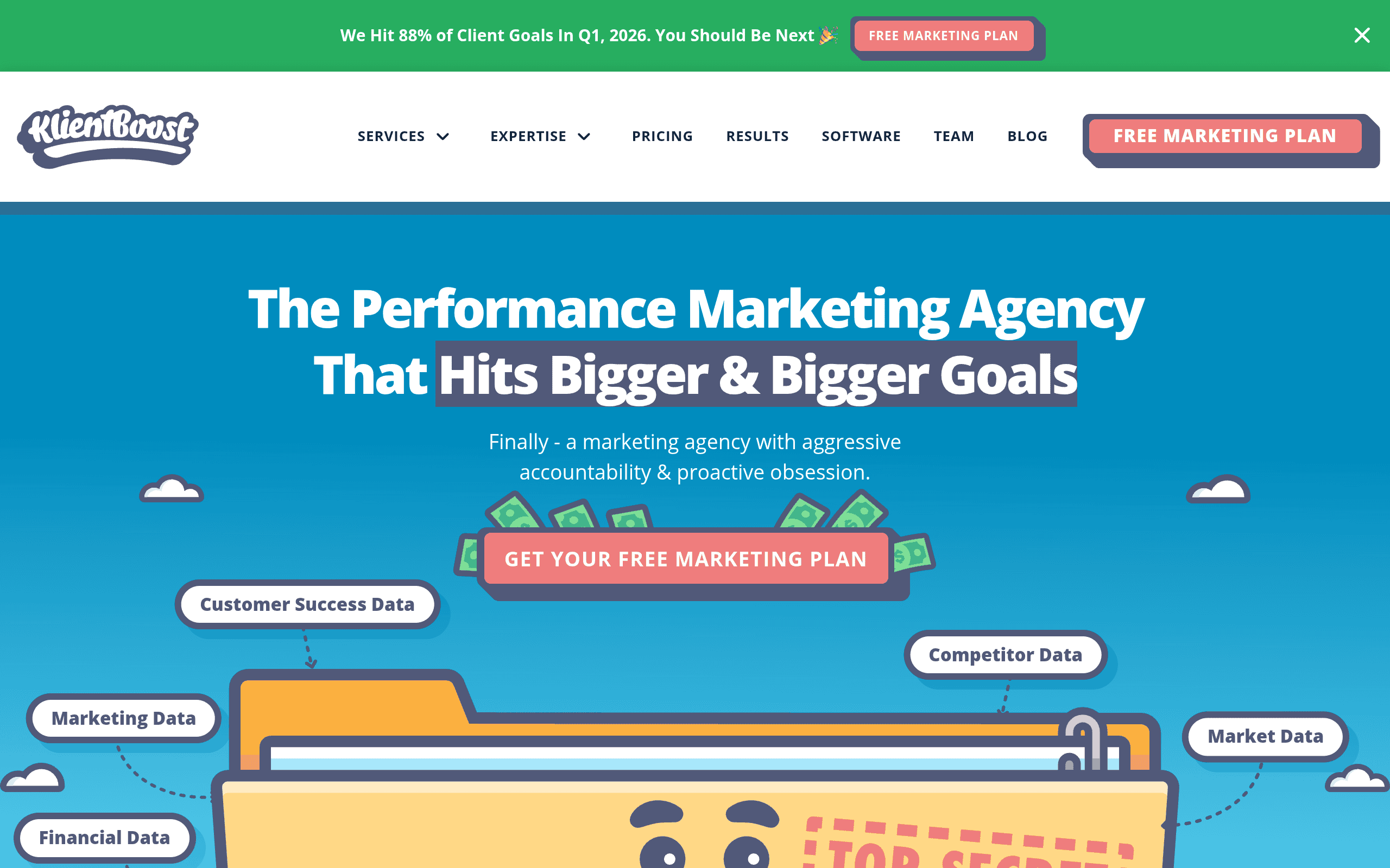 KlientBoost homepage screenshot. Paid media agency with strong landing page services bundled into their PPC management offering.