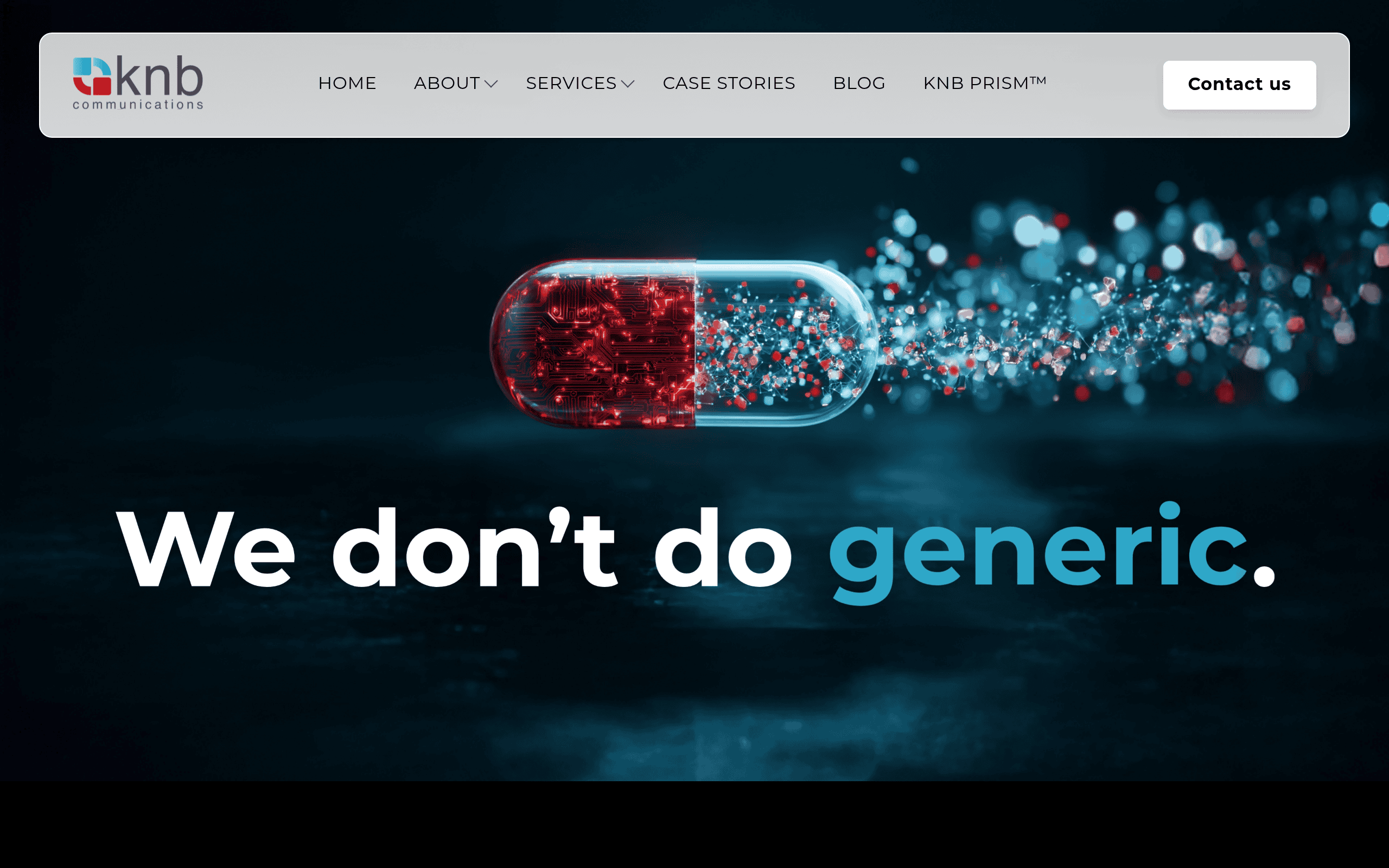 KNB Communications homepage screenshot. Healthcare technology marketing and PR agency focused on digital health and telehealth vendors.