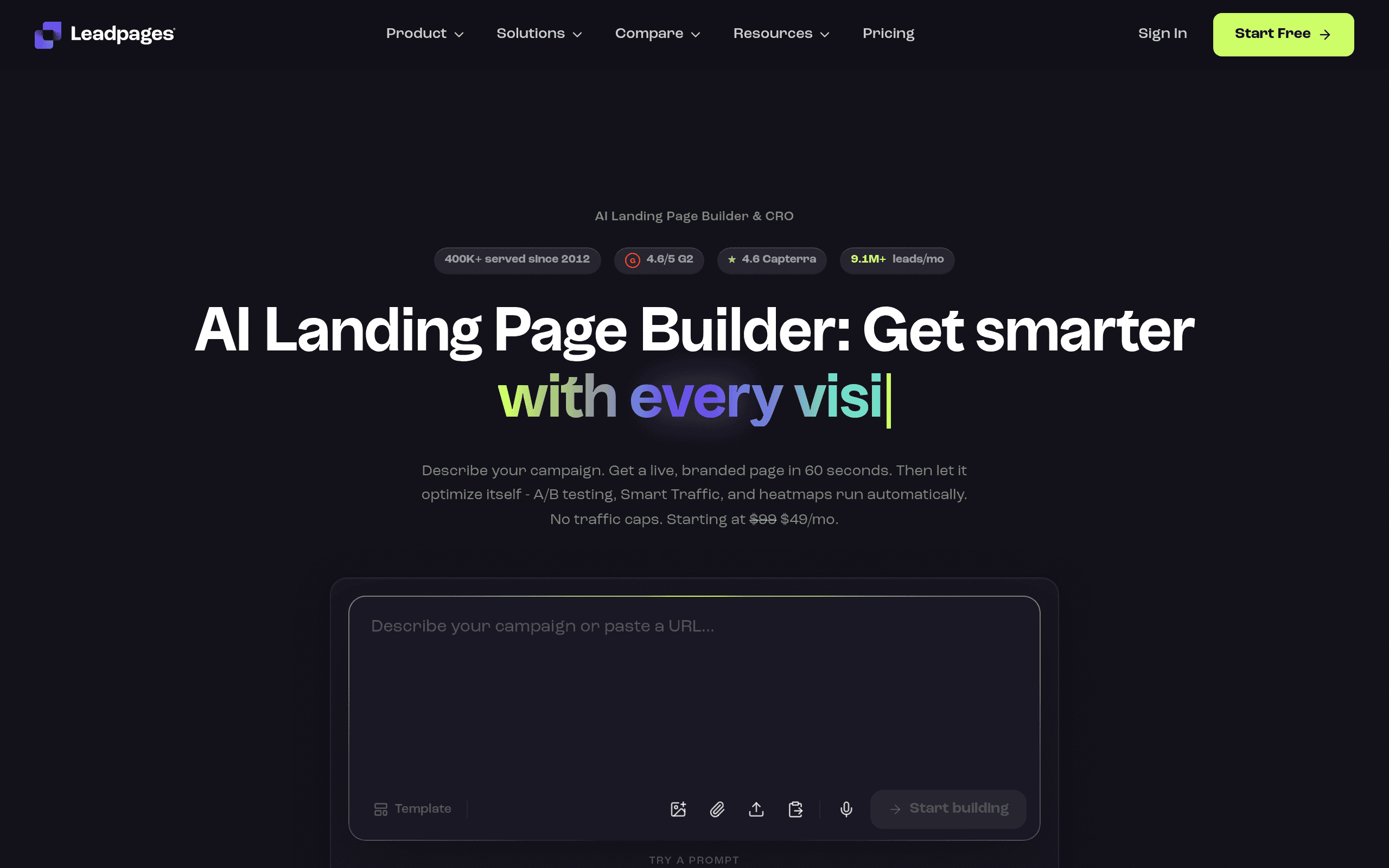 Leadpages homepage screenshot. Budget-tier landing page builder for treatment center paid programs under $5,000 monthly.