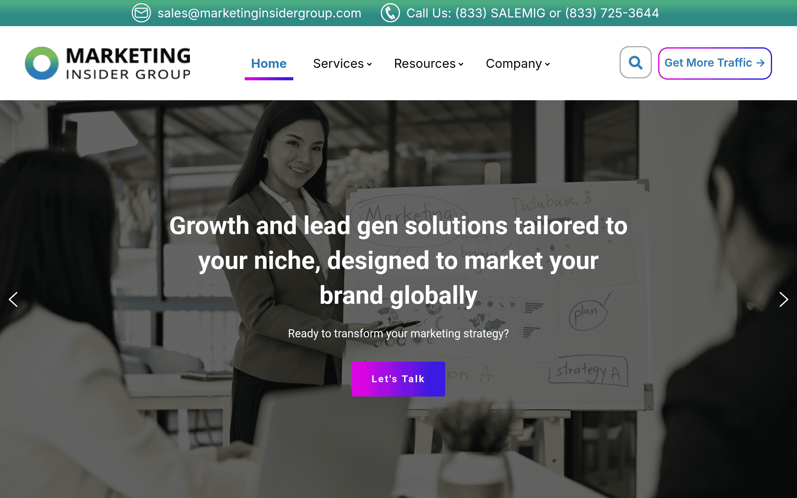 Marketing Insider Group homepage screenshot. Content marketing agency founded by Michael Brenner with B2B thought-leadership reputation.