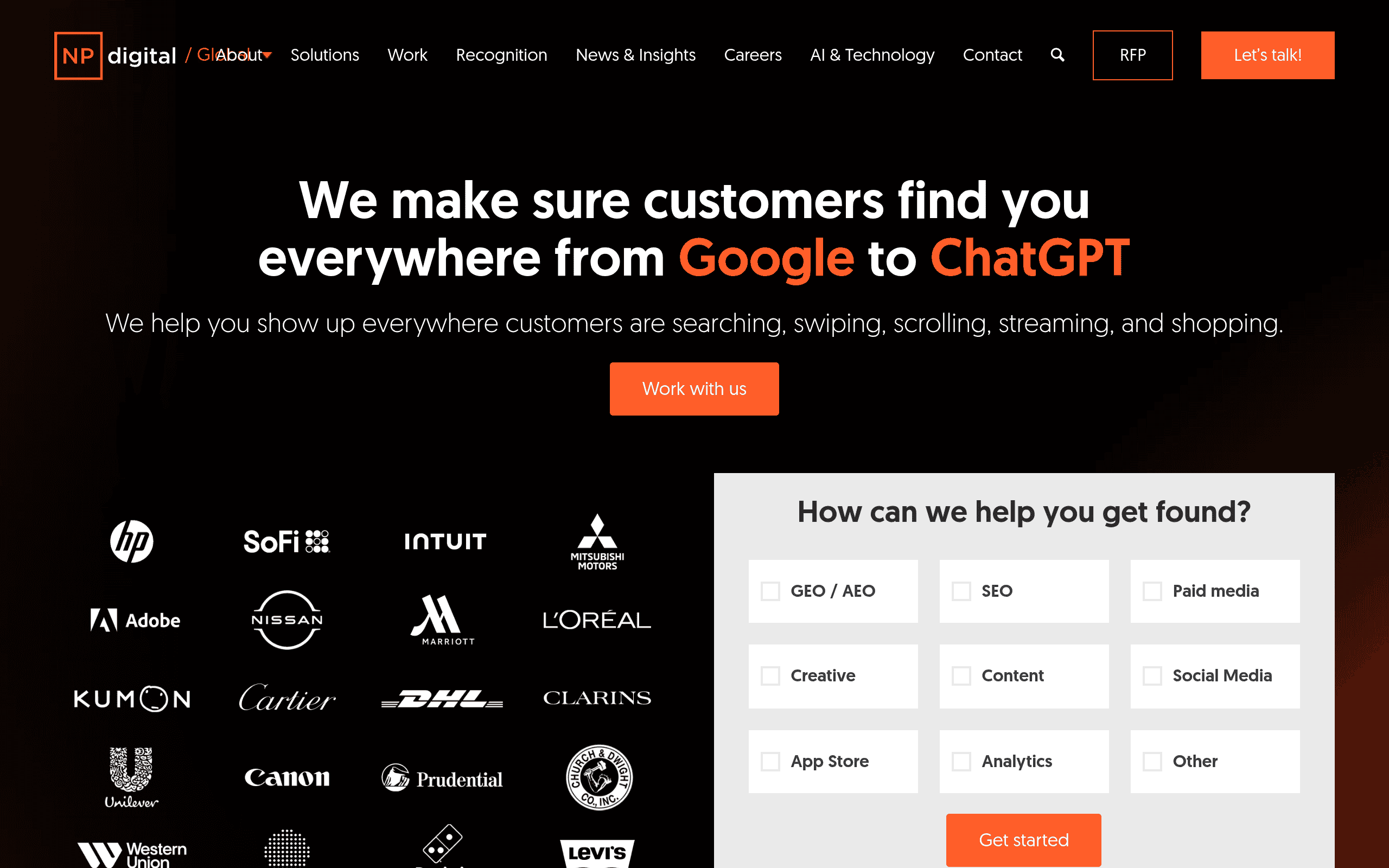 NP Digital homepage screenshot. Neil Patel's digital marketing agency providing content, SEO, paid media, and broader services.