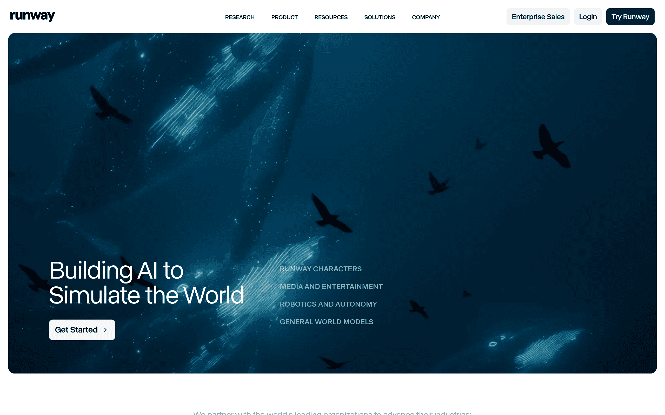 Runway homepage screenshot. Advanced AI video generation platform used for cinematic video content, B-roll, and atmosphere creation.
